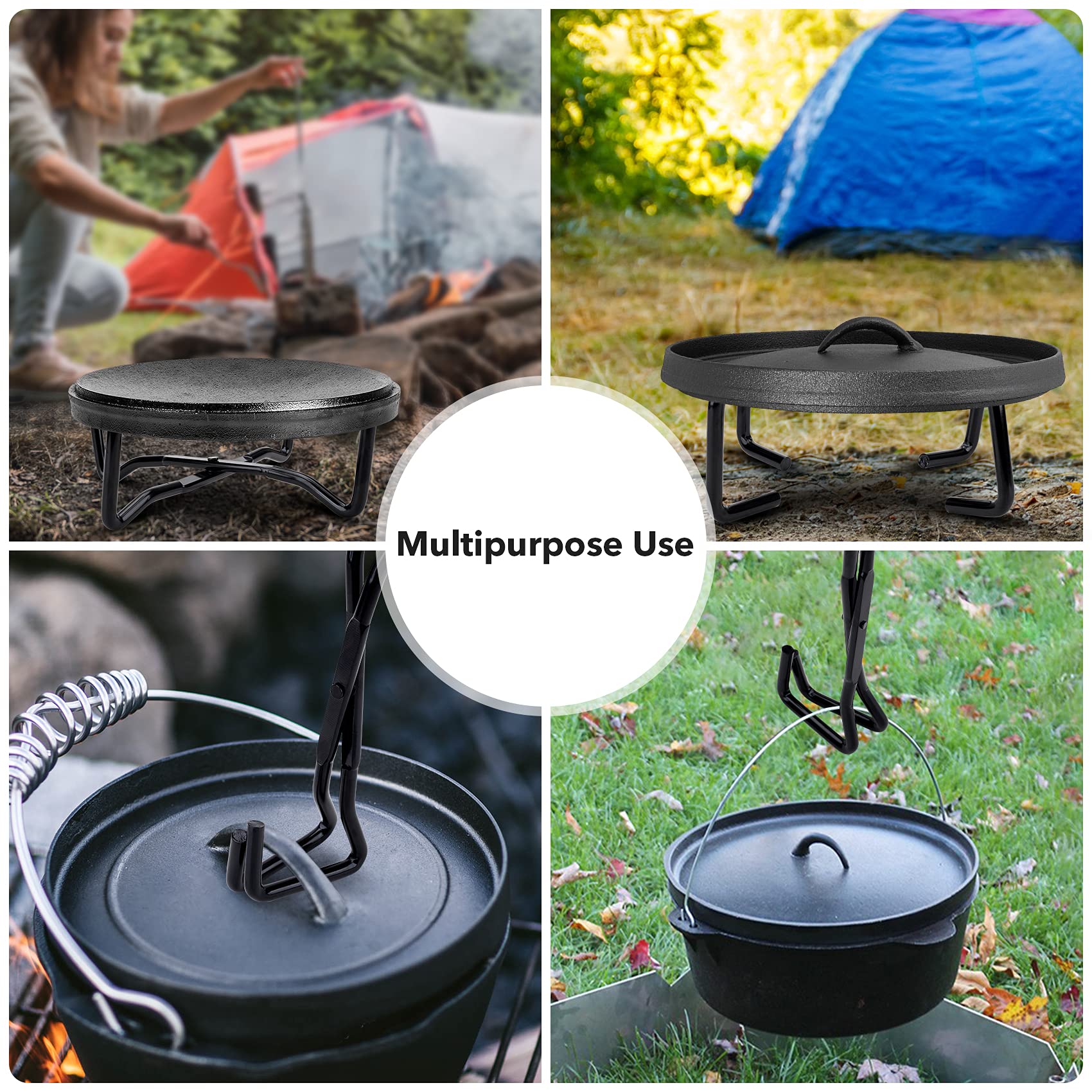 Stanbroil 8'' Cast Iron Folding Dutch Oven Lid Stand For Campfire Cooking, 4-In-1 Folding Pot Stand Camp Dutch Oven Tool