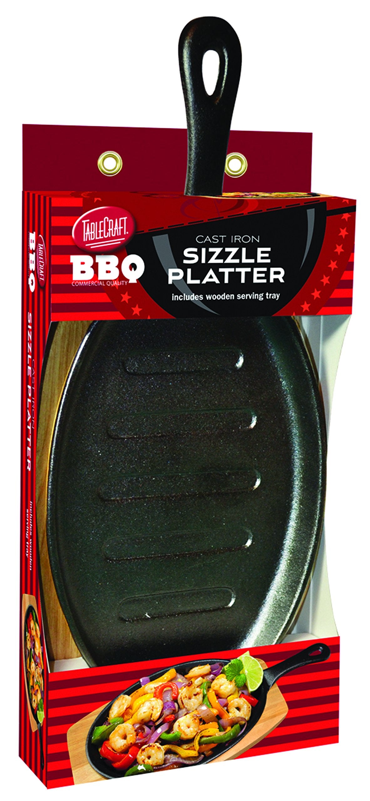Tablecraft 17'' Pre-Seasoned Cast Iron Fajita Skillet Set With Wood Serving Tray | Commerical Quality For Restaurant Or Home Kit