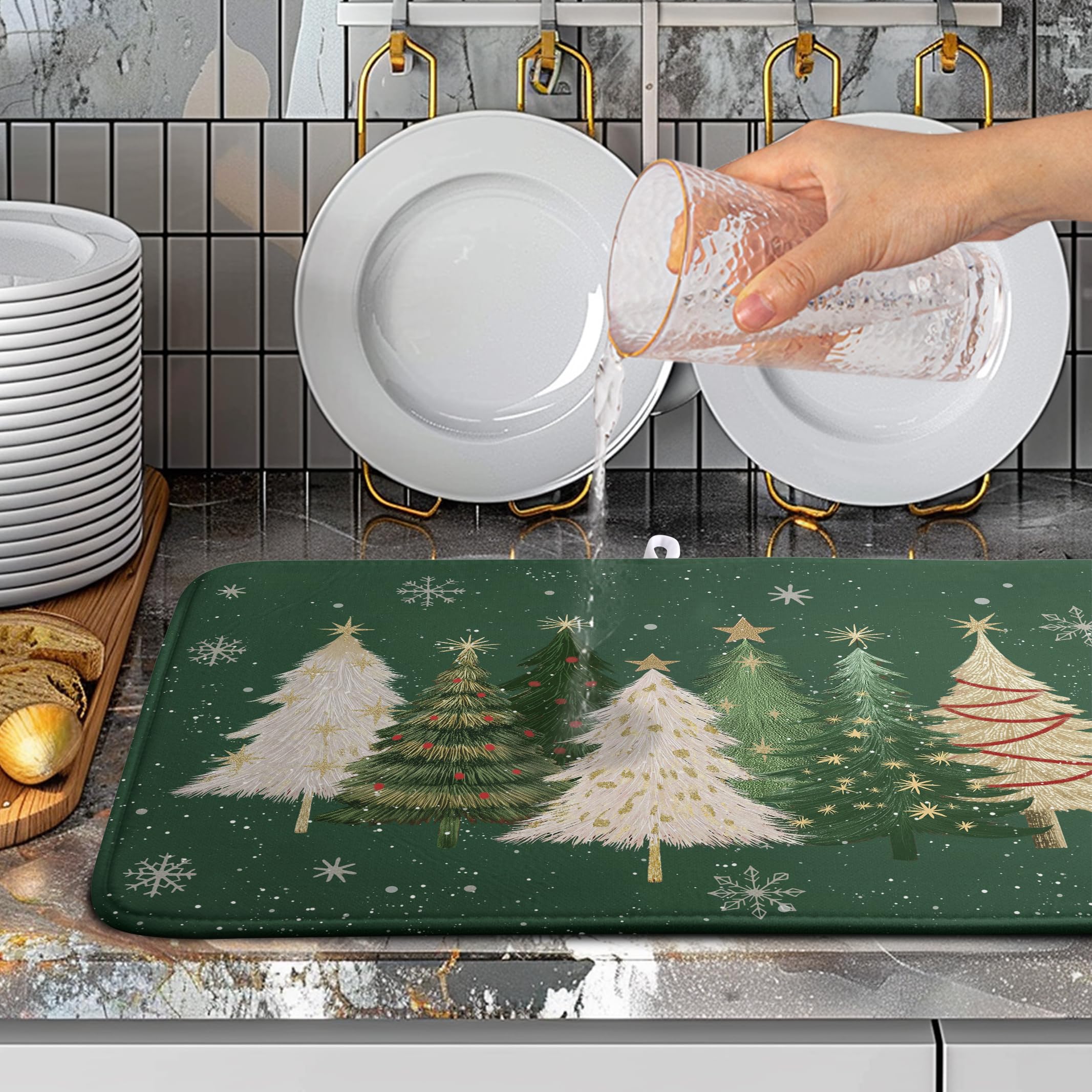 Wnoesat Green Christmas Tree Snowflakes Dish Drying Mat for Kitchen Counter 18x24 Inch Winter Xmas Holiday Dish Rack Mat Absorbe