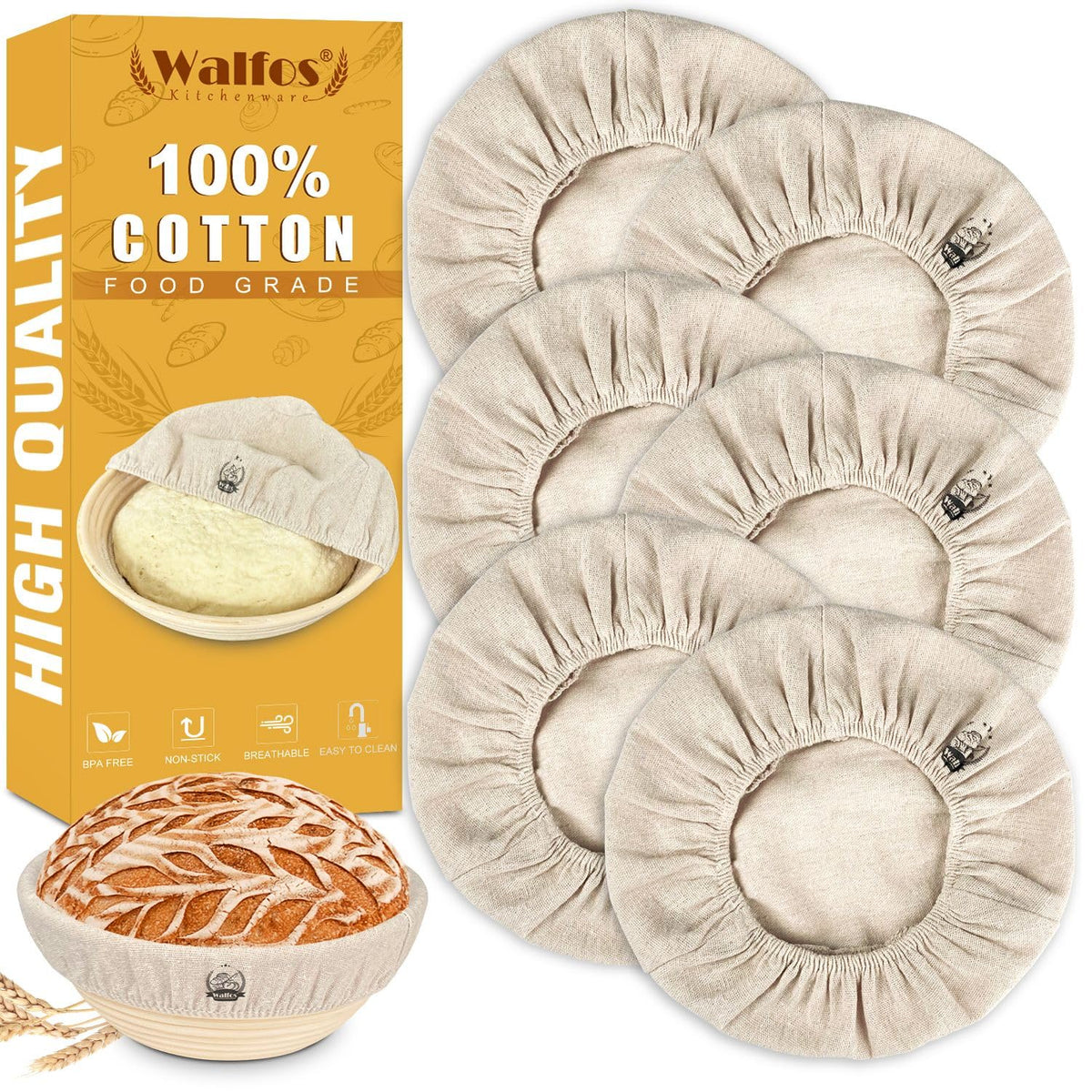 Walfos Bread Basket Liner Cloth, 6 Packs 10 Inch Round Bread Proofing Basket Cloth Liner, Baking Dough Basket Cover Natural Ratt