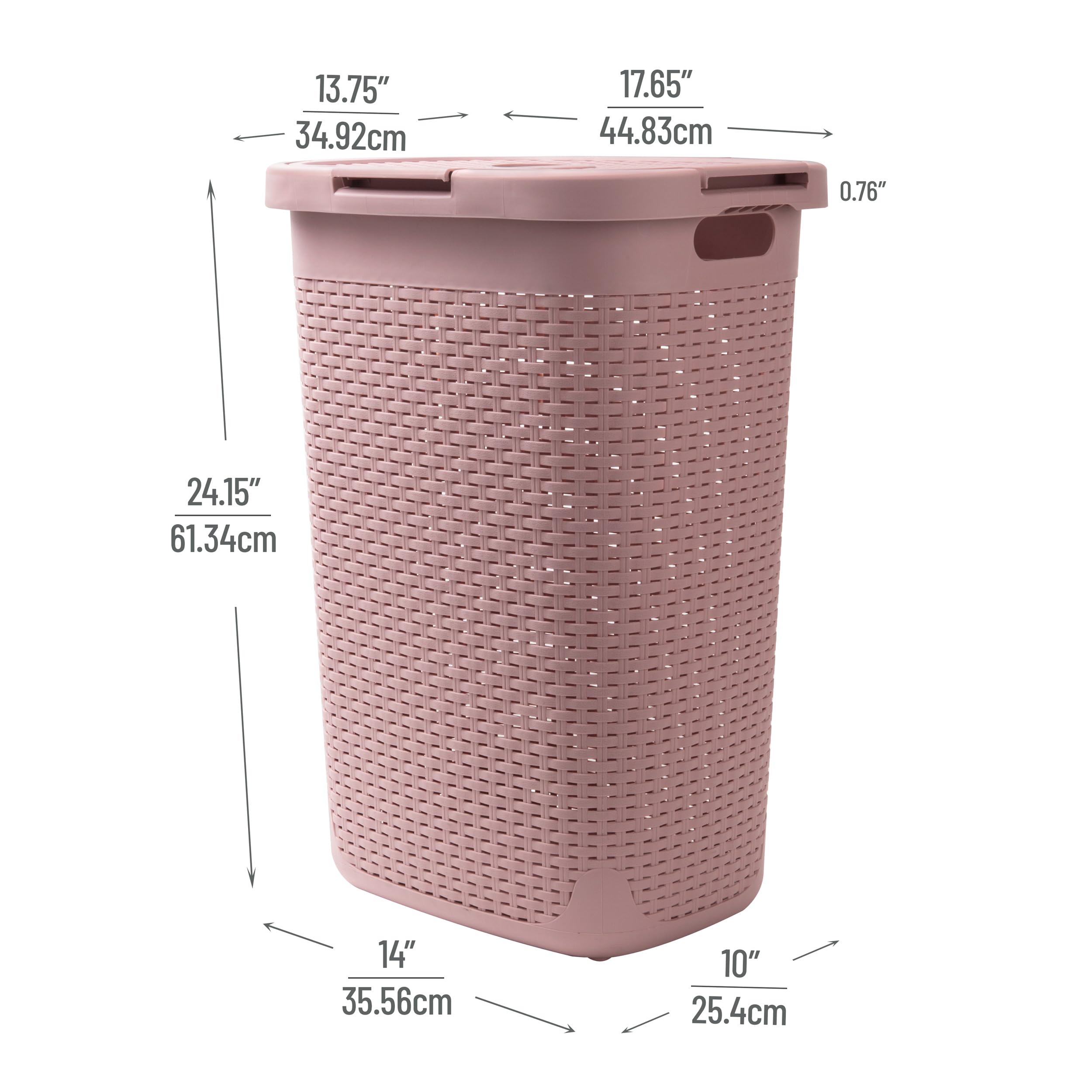 Mind Reader 60L Slim Laundry Hamper, Clothes Basket, Lid, Wicker Design, Plastic, 17.65''L X 13.75''W X 24.15''H, Pink