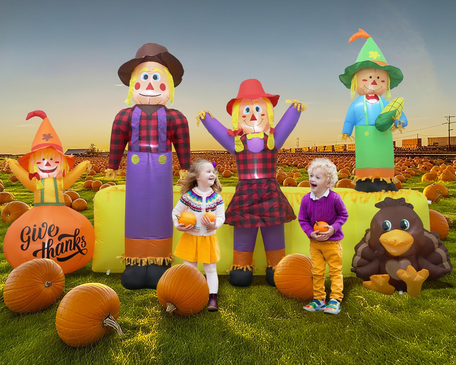 10 FT Thanksgiving Inflatables Fall Outdoor Decorations, Blow Up 4 Scarecrow Family & Hay Bale & Turkey, Built-in 9 LED Lights &
