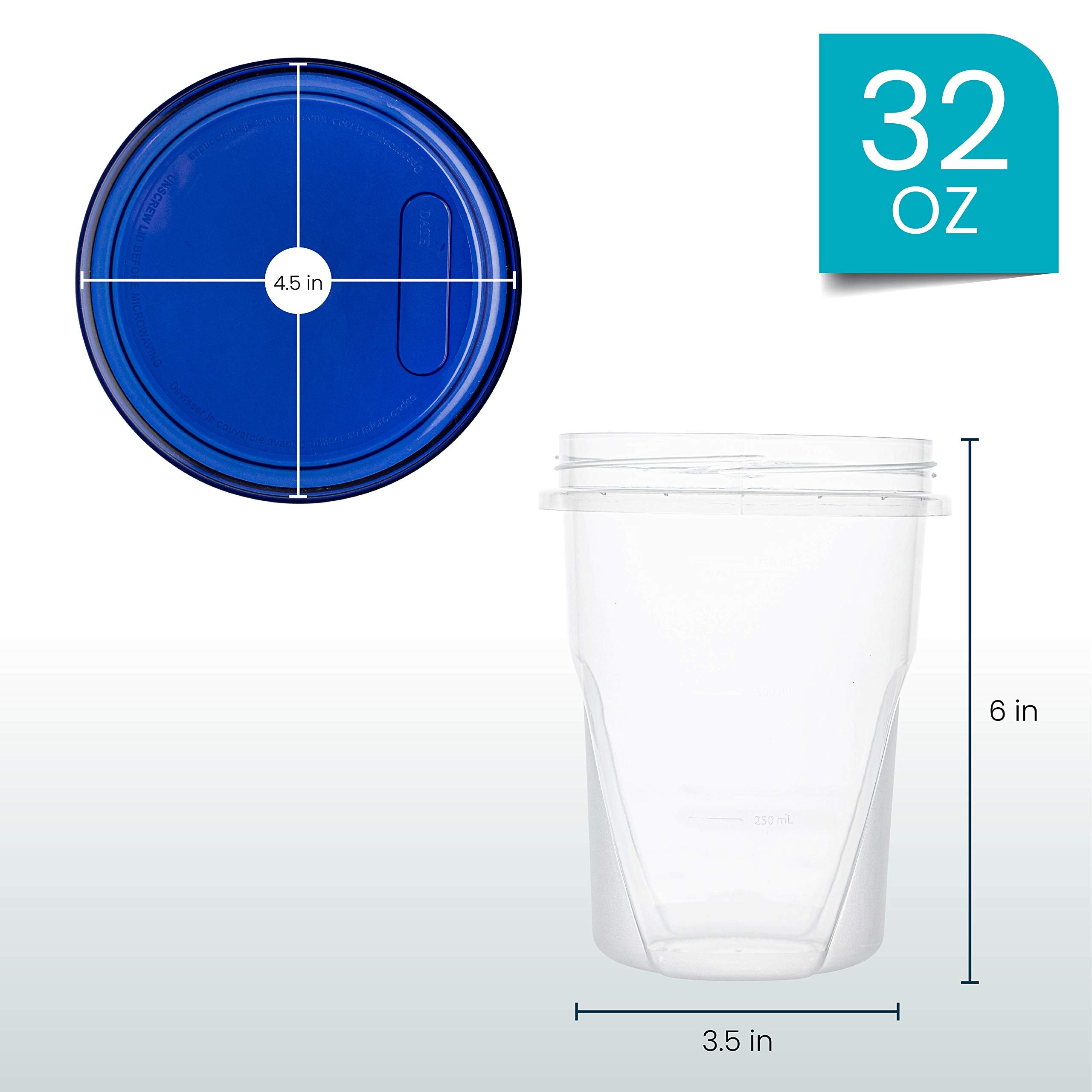 Plasticpro [32 Oz 3 Pack] Twist Top Deli Containers Clear Bottom With Blue Top Twist On Lids Reusable, Stackable, Food Storage F