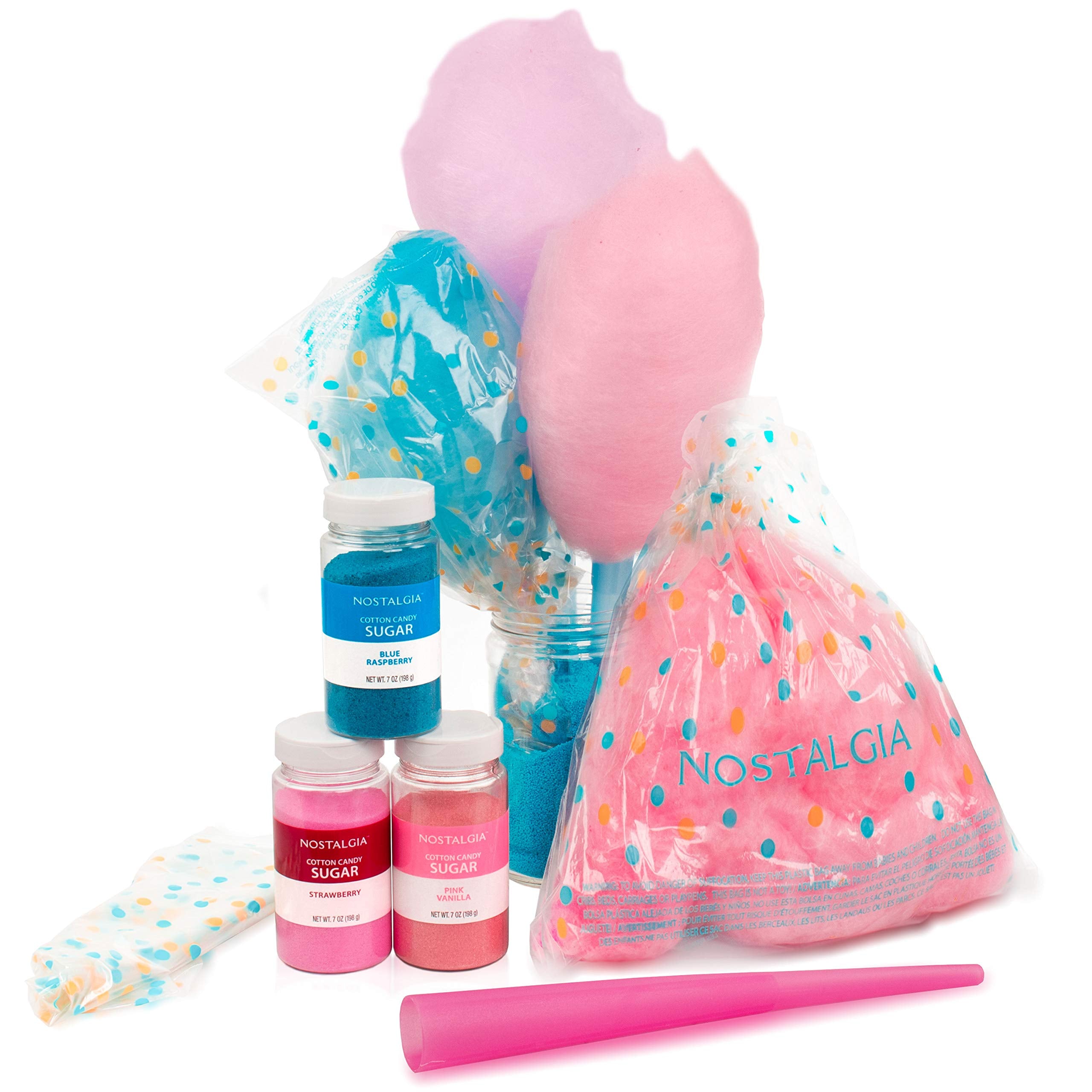 Nostalgia Cotton Candy Party Kit, 3 Flavors, 4 Reusable Cones, 10 Floss Bags