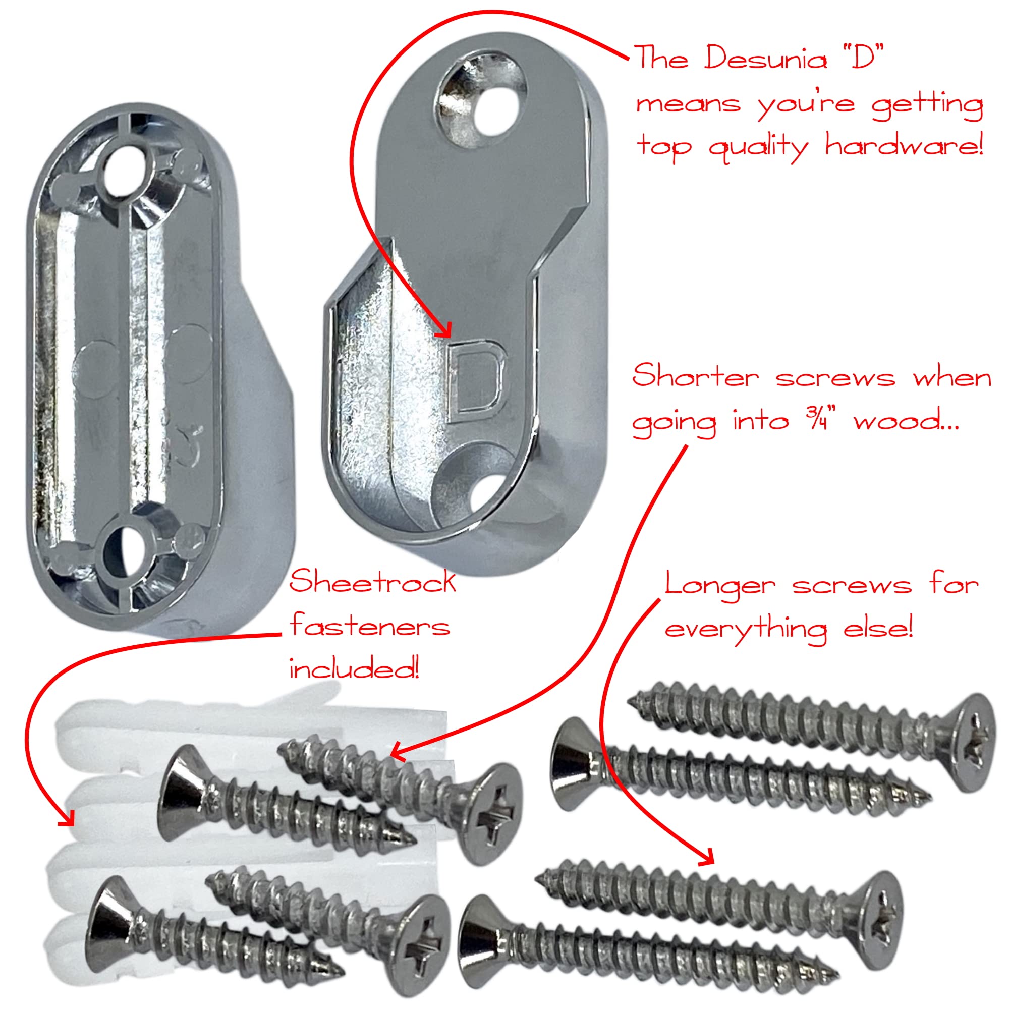 Oval Closet Rod End Supports | Screw On Type | 15Mm X 30Mm | Polished Chrome | 2 Pack