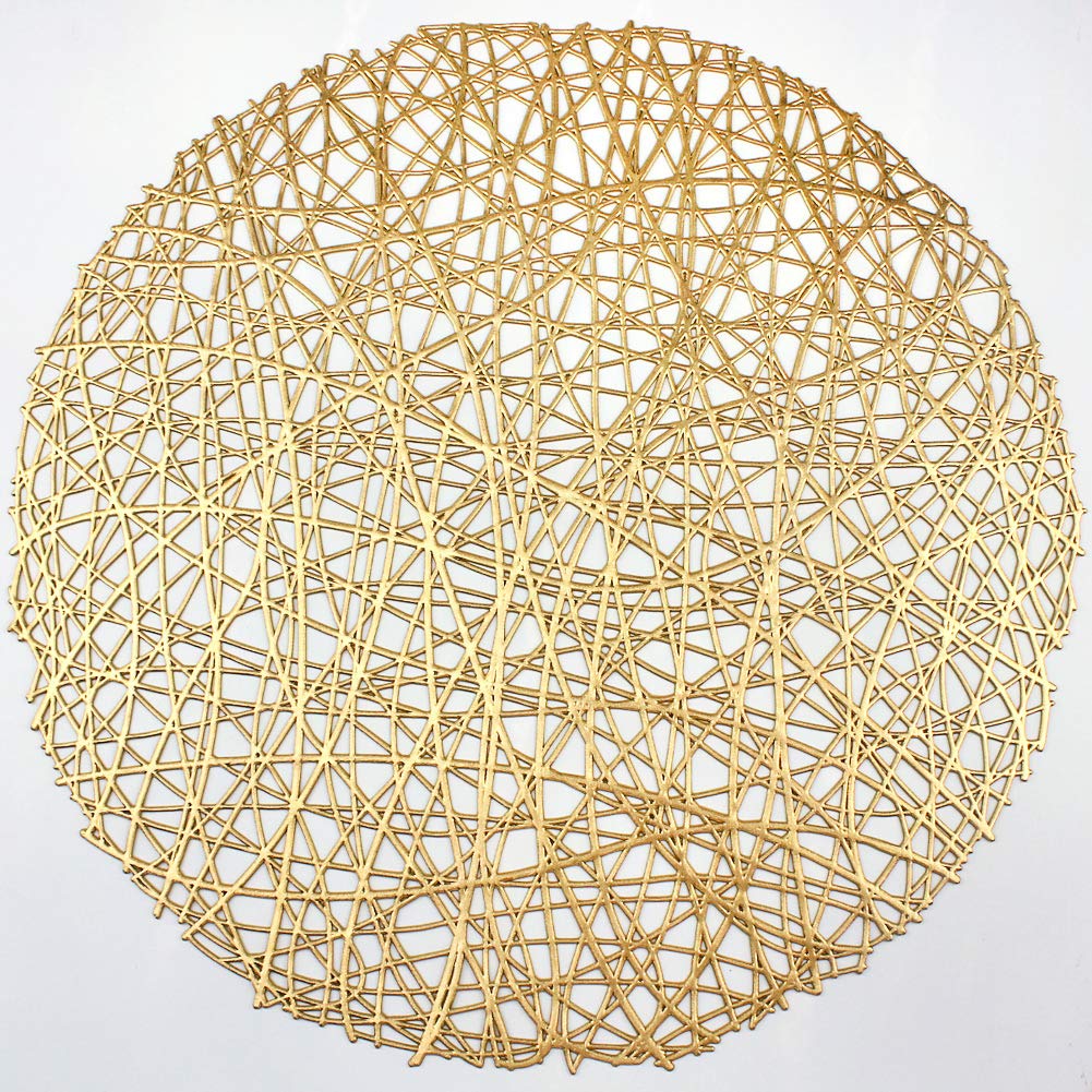 AdasBridal Gold Round Placemats for Dinner Table Set of 6 Metallic Hollow Out Line Circle Table Mats Vinyl Place Mats for Table 