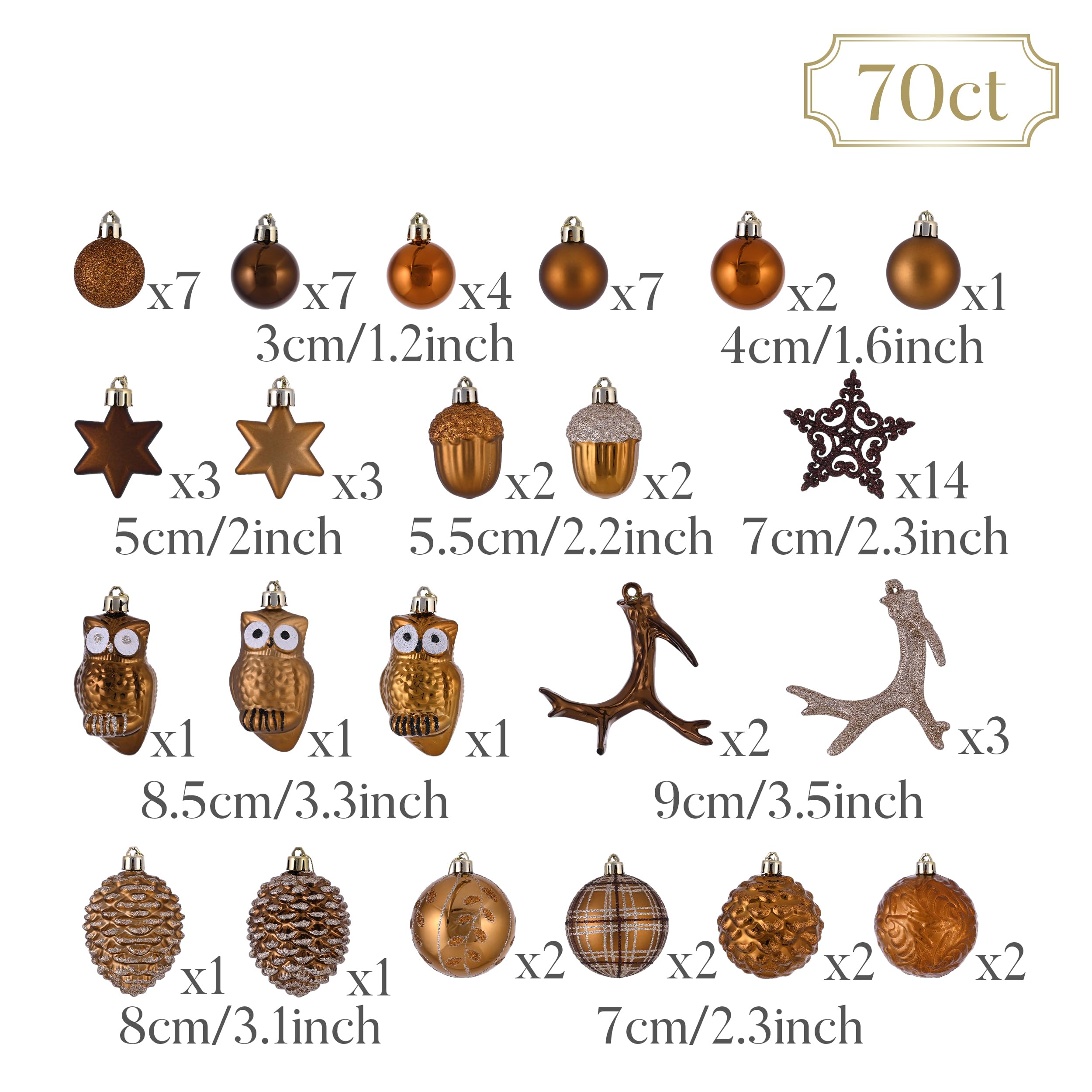Valery Madelyn Ornaments for Christmas Trees, 70ct Bronze Copper and Gold Shatterproof Christmas Tree Decorations, Woodland Brow