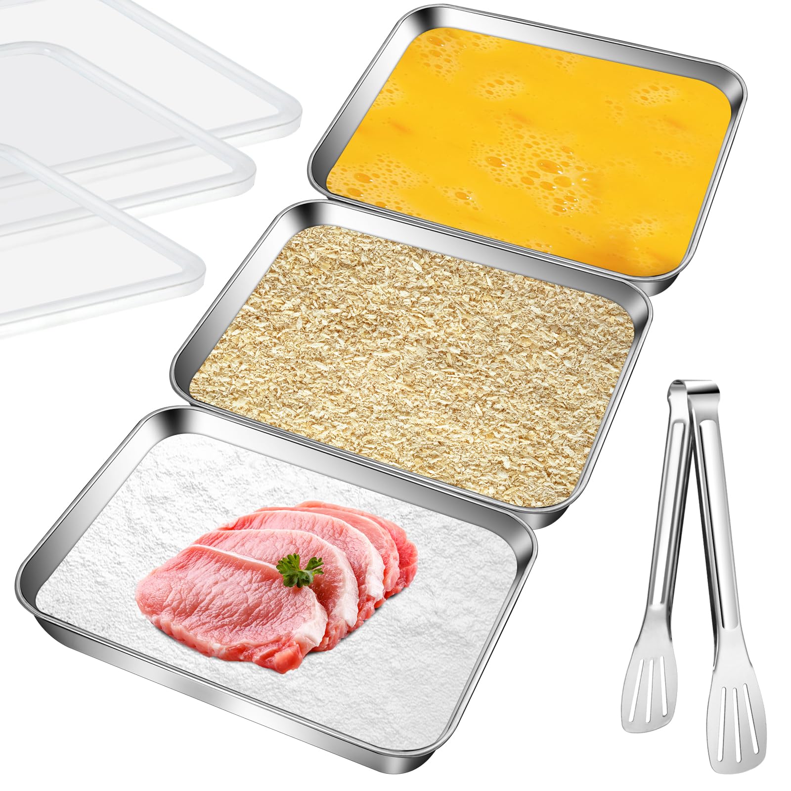 Aemygo 3 Set Stainless Steel Breading Trays Set with Lids, Dust Proof Breading Pans with Tong for Dredging Chicken Breasts,Marin