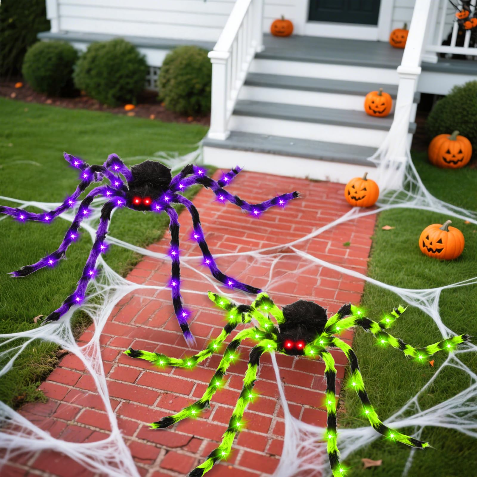 2 Pack 50 Halloween Light Up Spiders, Giant Hairy Spider Decorations with Green and Purple LED Lights Scary Indoor Outdoor Hallo