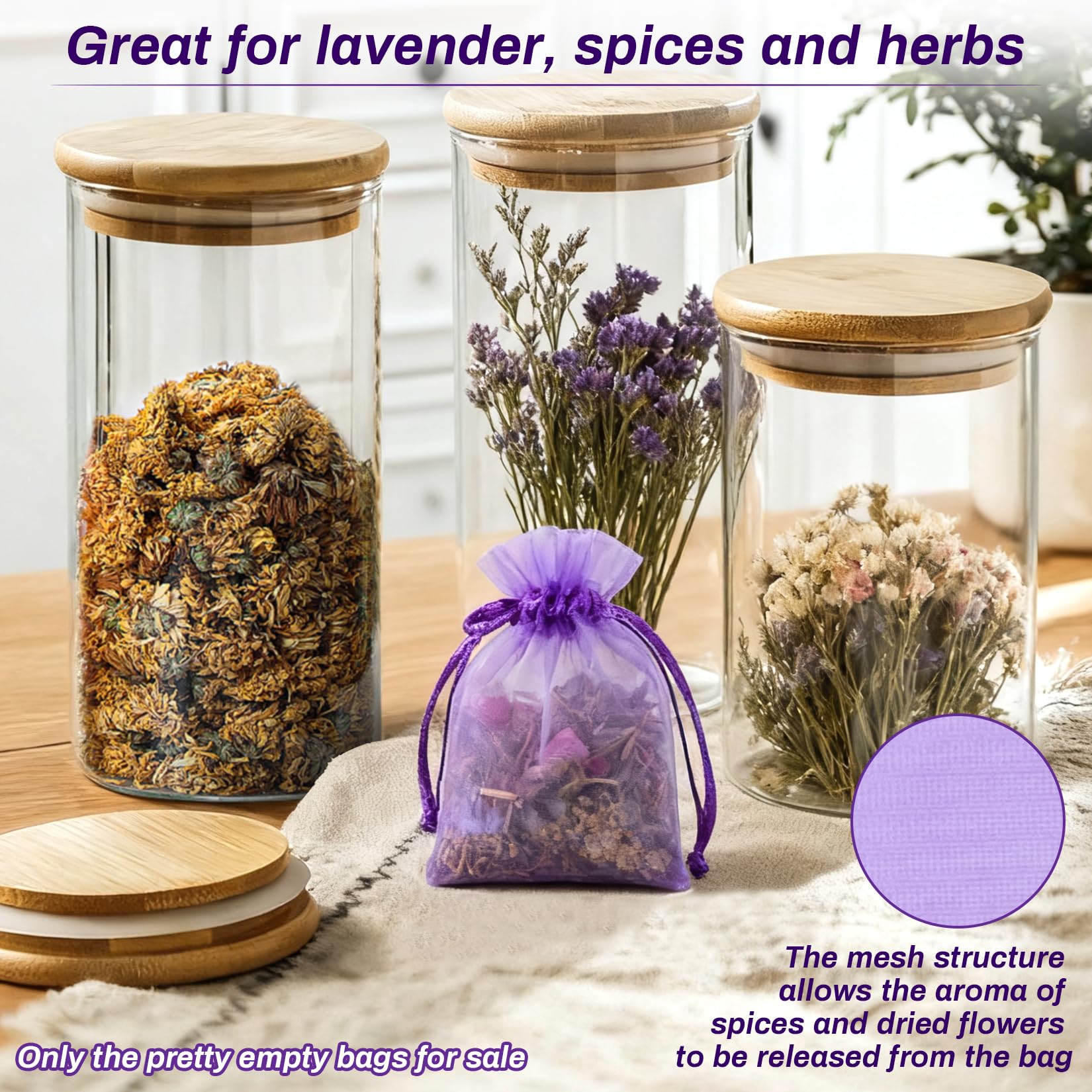 Sukh 50 Lavender Sachet Bags Empty - Purple Organza Bags 3x4 Sachets for Drawers and Closets Deodorizer Potpourri Bag Scented Sa