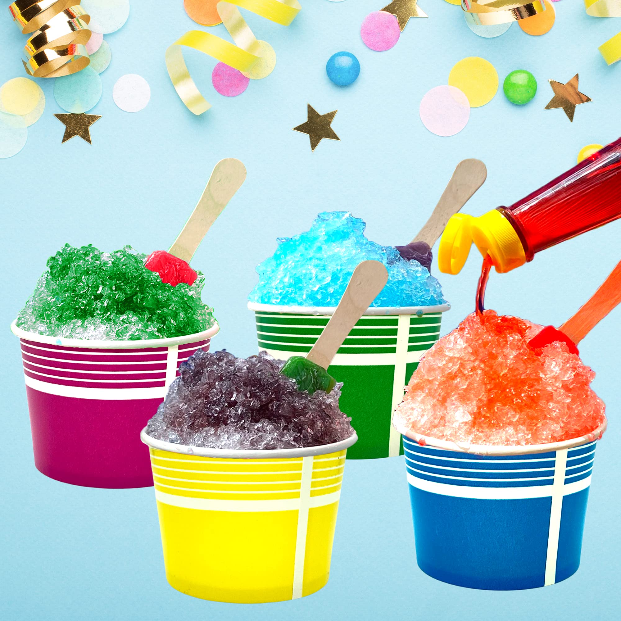 140 Piece Multi-Colored Snow Cone/Shaved Ice Kit - Includes 40 (12Oz) Yellow, Pink, Green And Blue Cups, 50 Candy Spoons, And 50