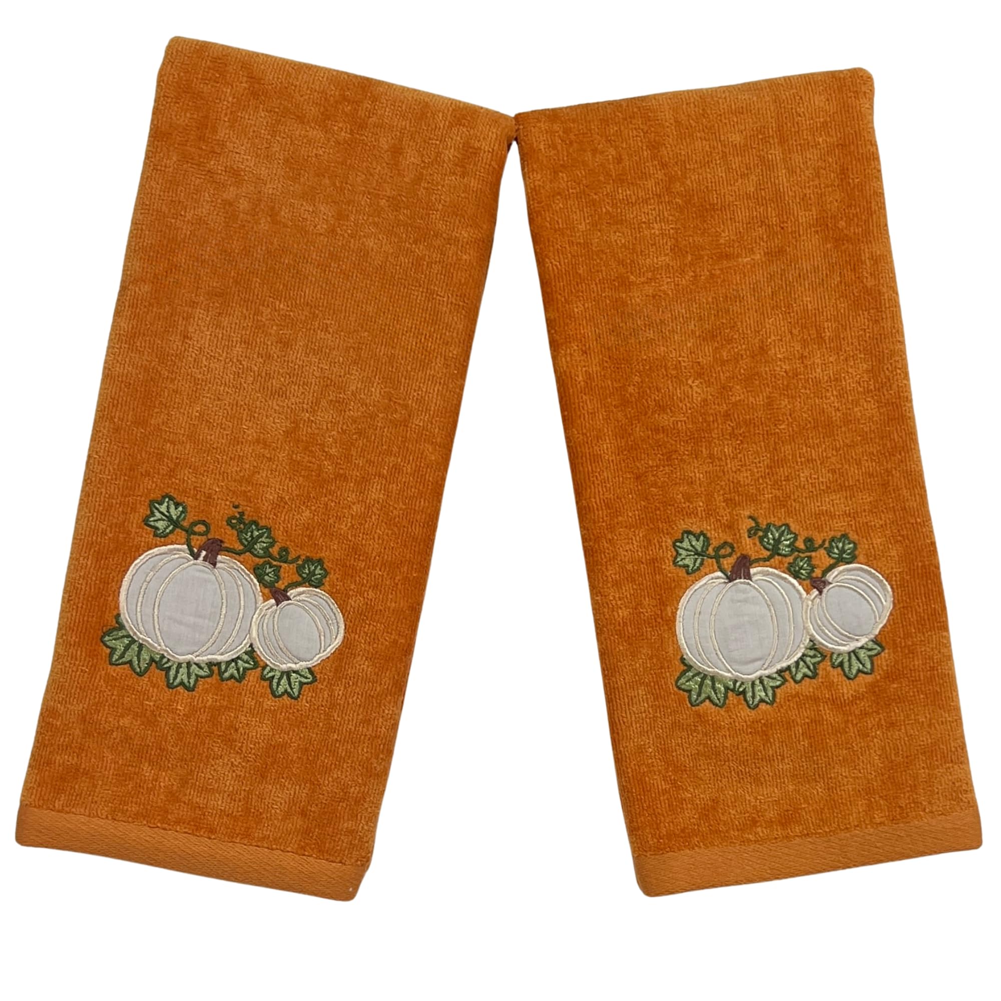 Harvest Fall Hand Towels: Plush Rust Orange Cotton Towels With Pumpkin Leaf Design Set Of 2, 16'' X 25'' Inch