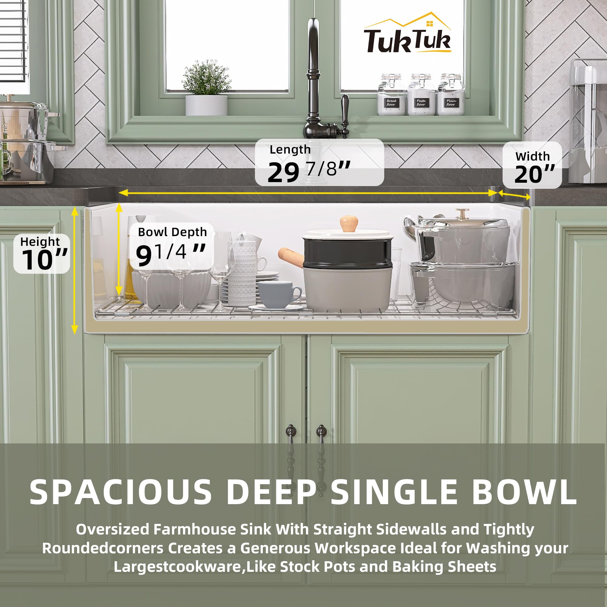 Tuktuk White Farmhouse Sink 30X20 Inch Fireclay Farm Sink Apron Undermount Kitchen Sink Single Bowl Extra Wide Large Capacity Dr