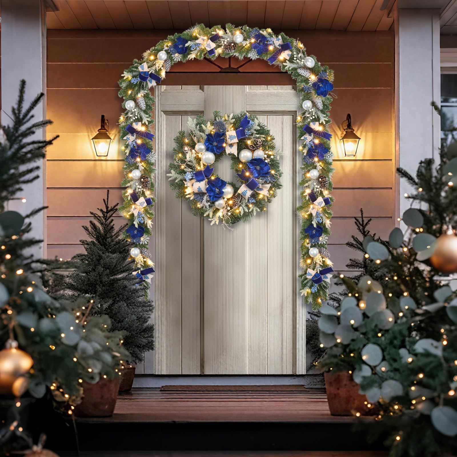Pre-Lit Christmas Garland with Christmas Tree Icon Ribbon and Magnolia, 25 LED Lights with Timer, 6ft Lighted Silver Blue Garlan