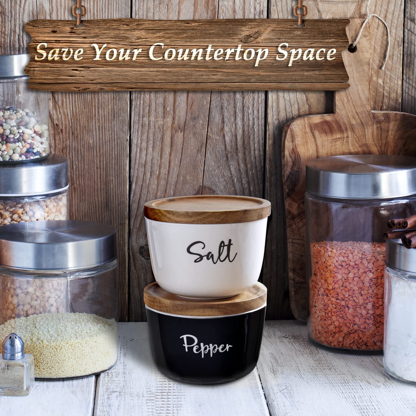 Salt And Pepper Bowls, Dayyet 10 Oz Salt Cellar With Lid, Stacked Ceramic Salt Pepper Container With Acacia Wood Lid, Salt Box F