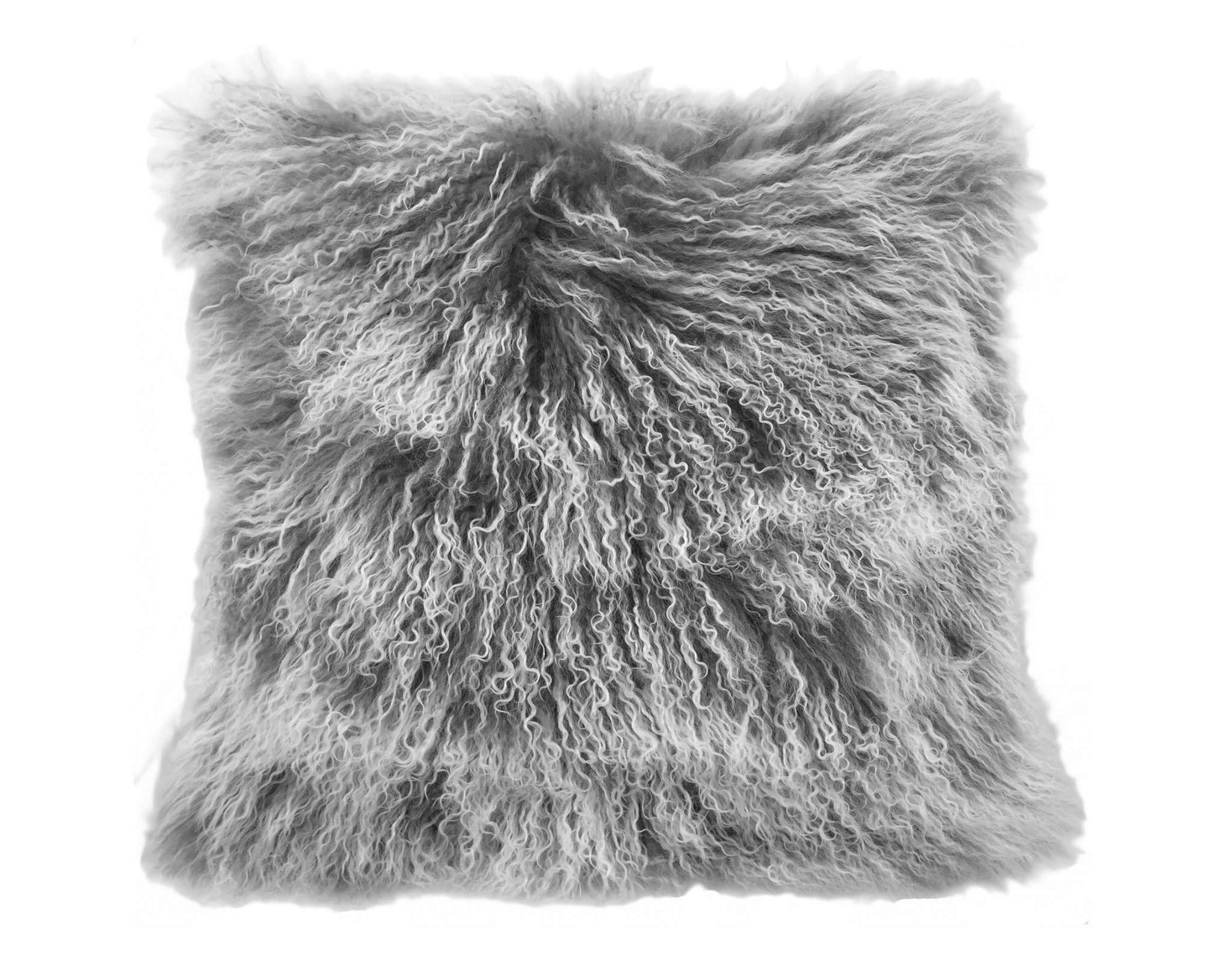 HomeRoots Grey, White, Taupe Genuine Tibetan Lamb Front with Microsuede Backing Grey Snowtop Tibetan Lamb Pillow-New Condition