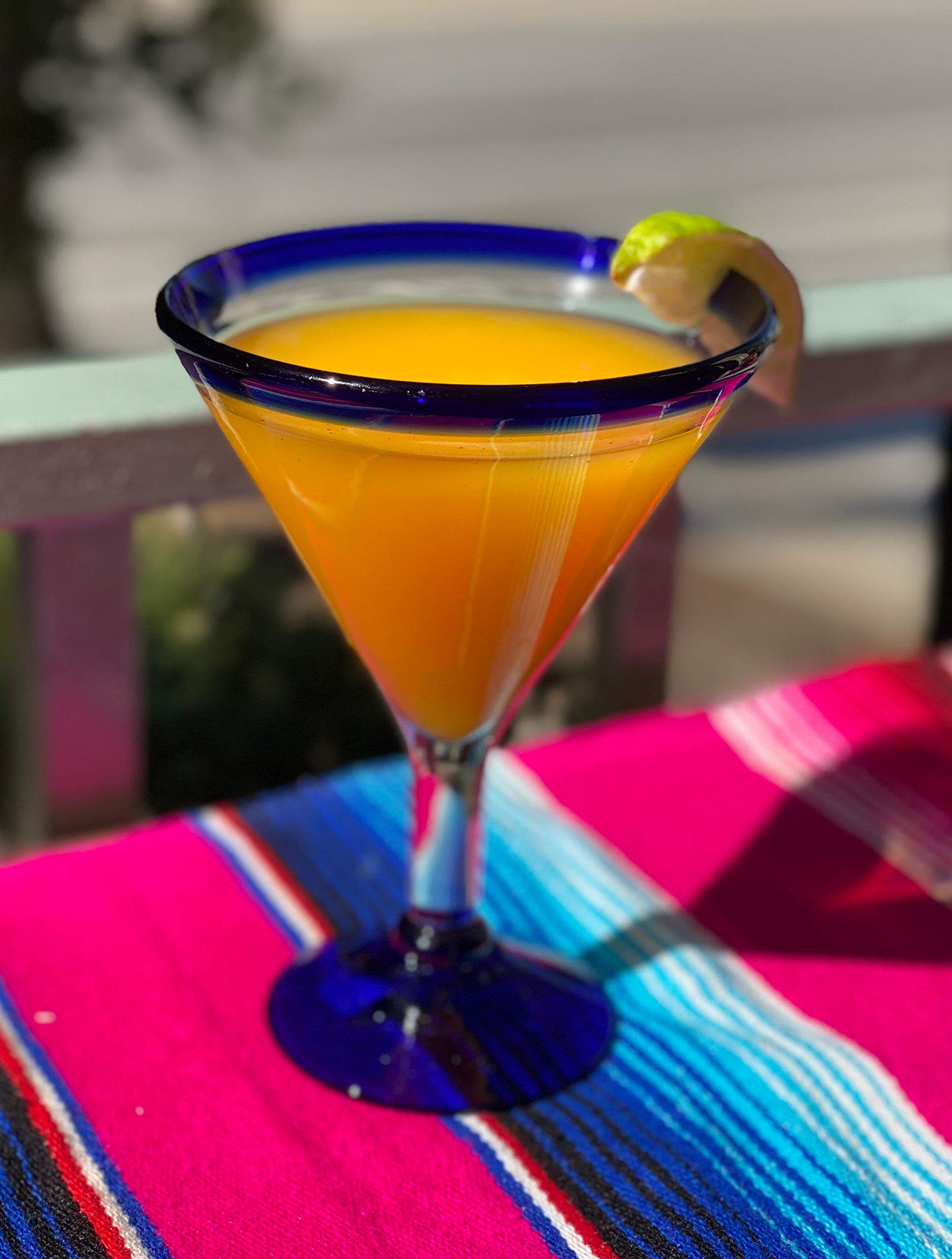 Mexican Hand Blown Glass - Set Of 4 Hand Blown Modern Margarita Glasses - Blue Rim (12 Oz)