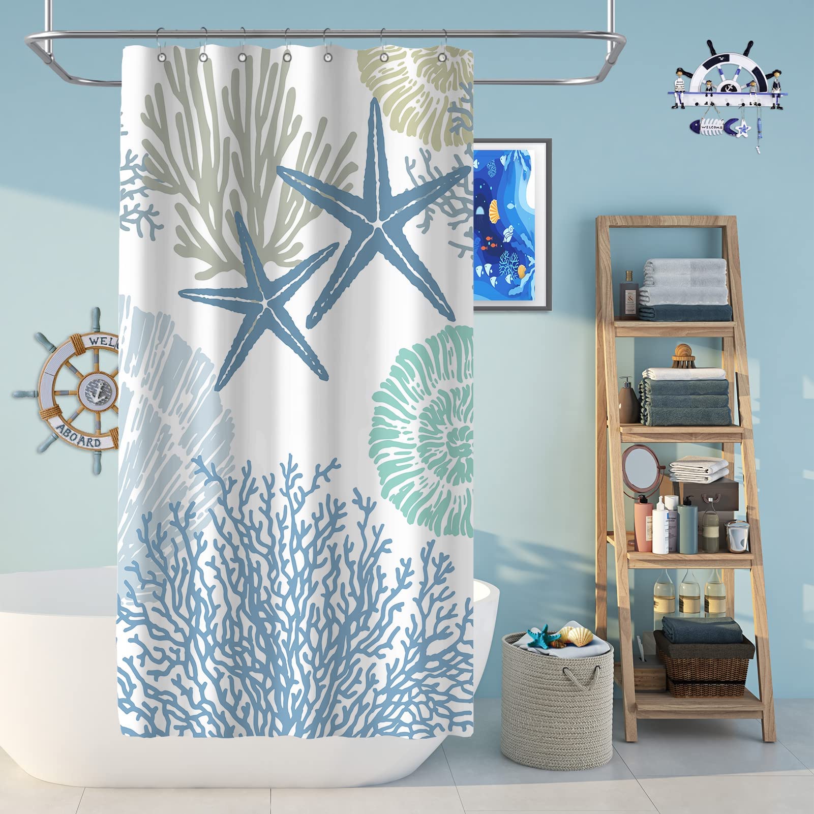 Tritard Stall Shower Curtain 36 X 72 - Small Nautical Coastal Waterproof Fabric Shower Curtains For Bathroom, Decorative Starfis