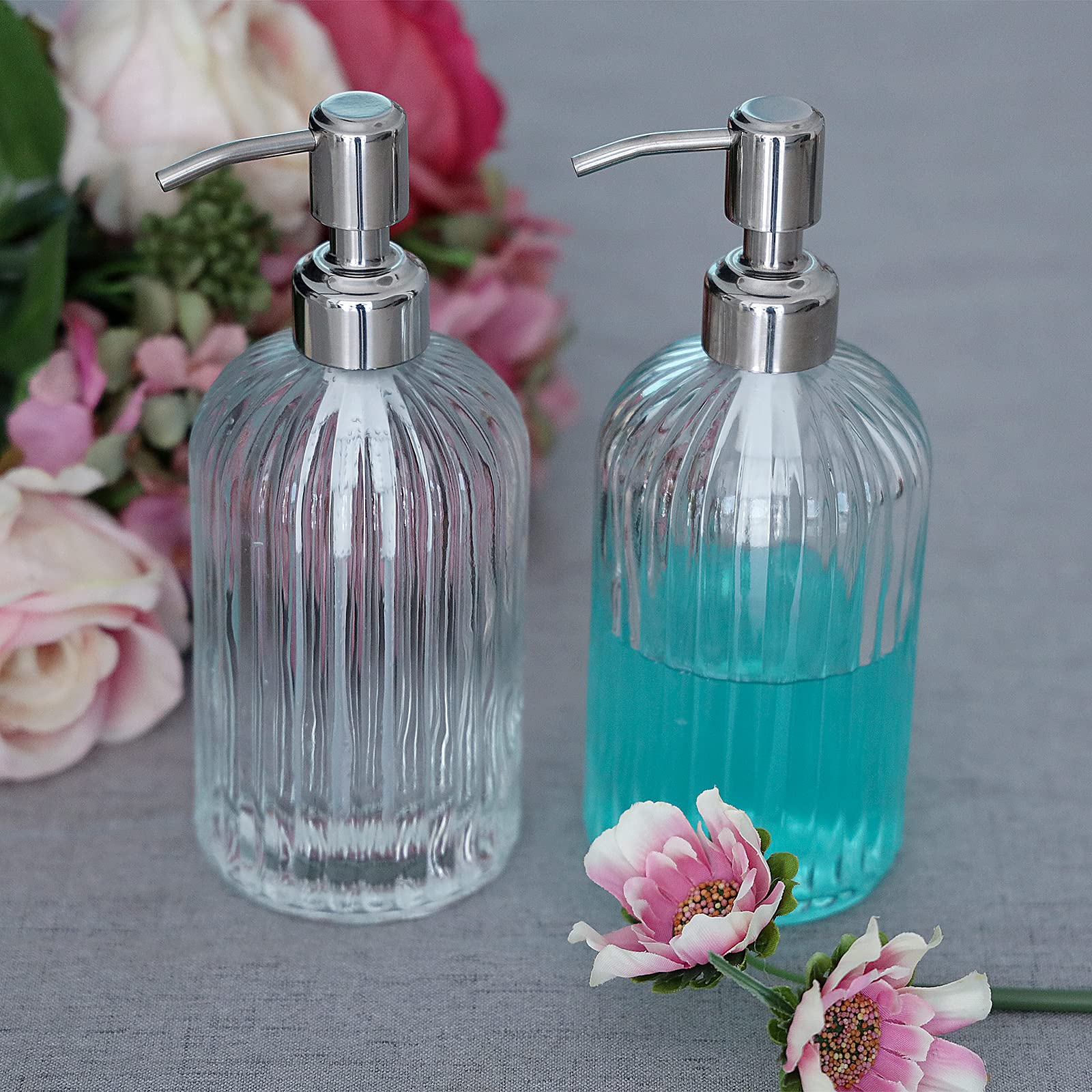 Owandan Clear Glass Soap Dispenser 18 Oz, 2 Pack Hand Dish Soap Dispensers Bathroom With Stainless Steel Pump, Refillable Kitche