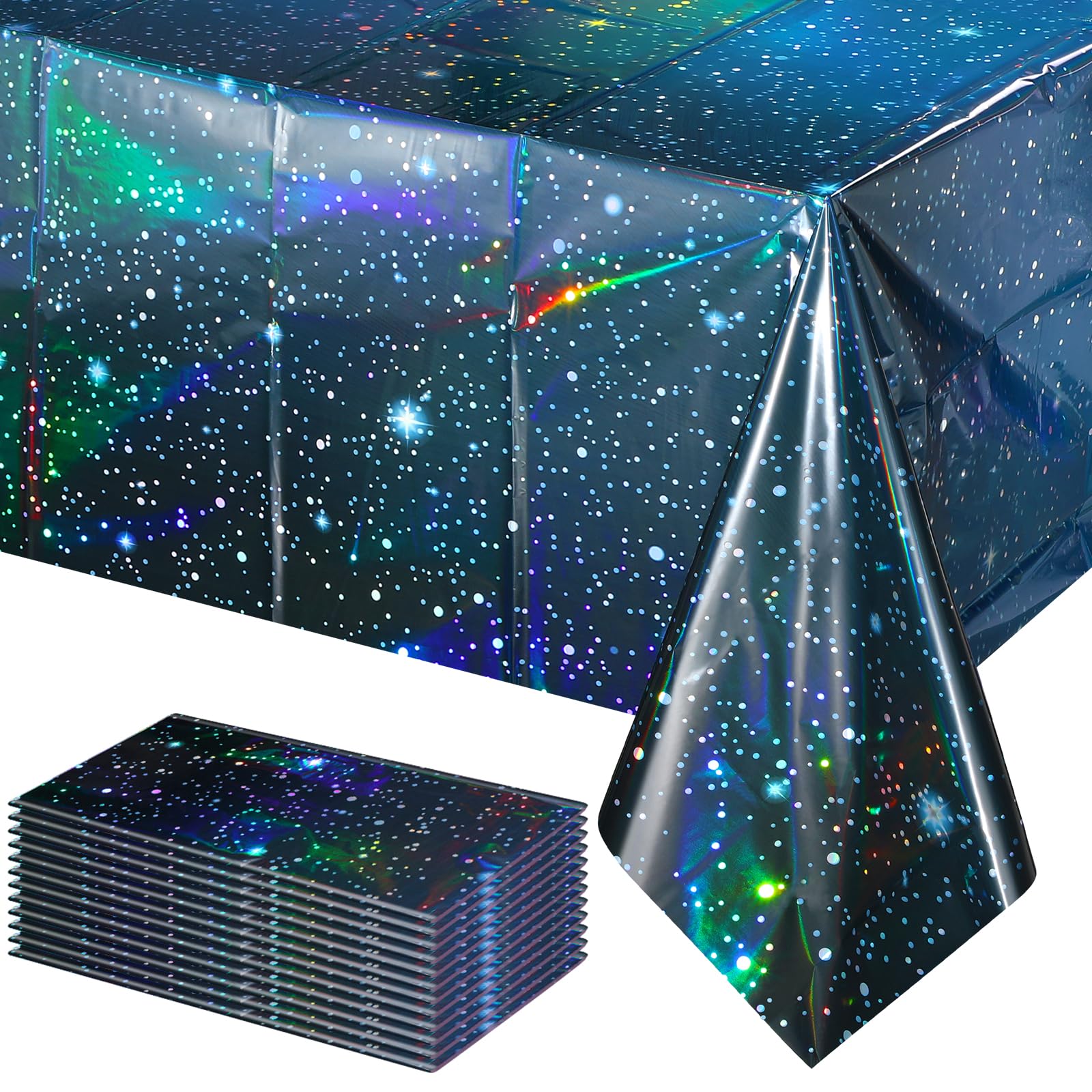 YIDAKO 12Pcs Iridescent Space Tablecloths, Disposable Plastic Blue Galaxy Table Cloth Rectangle Table Covers for Space Starry Ni