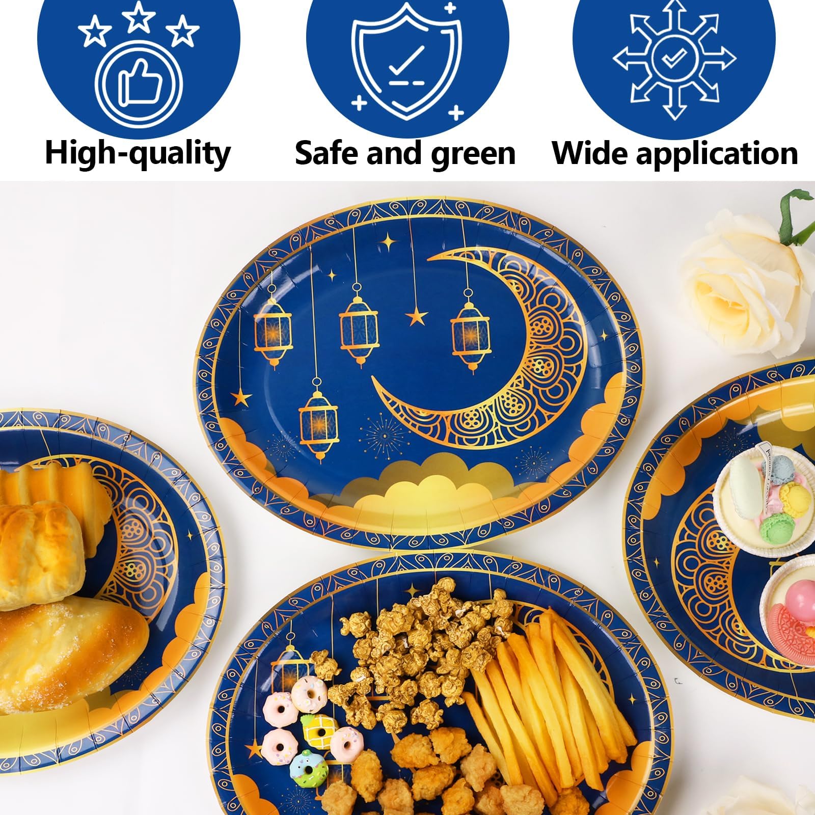 Qyeahkj 50 Pcs Ramadan Oval Paper Plates Large 11    Disposable Eid Mubarak Party Decorations Muslim Islamic Moon Star Supplies