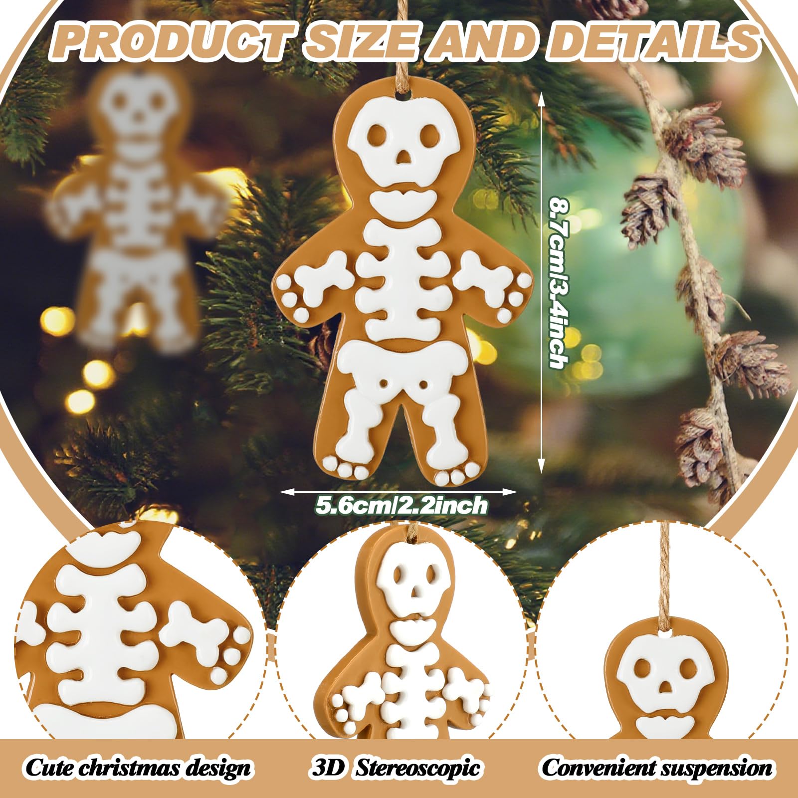 Halloscume 12 Pcs Christmas Skeleton Ornaments for Tree Resin Gingerbread Skull Hanging Winter Xmas Cute Ornaments with Ropes fo