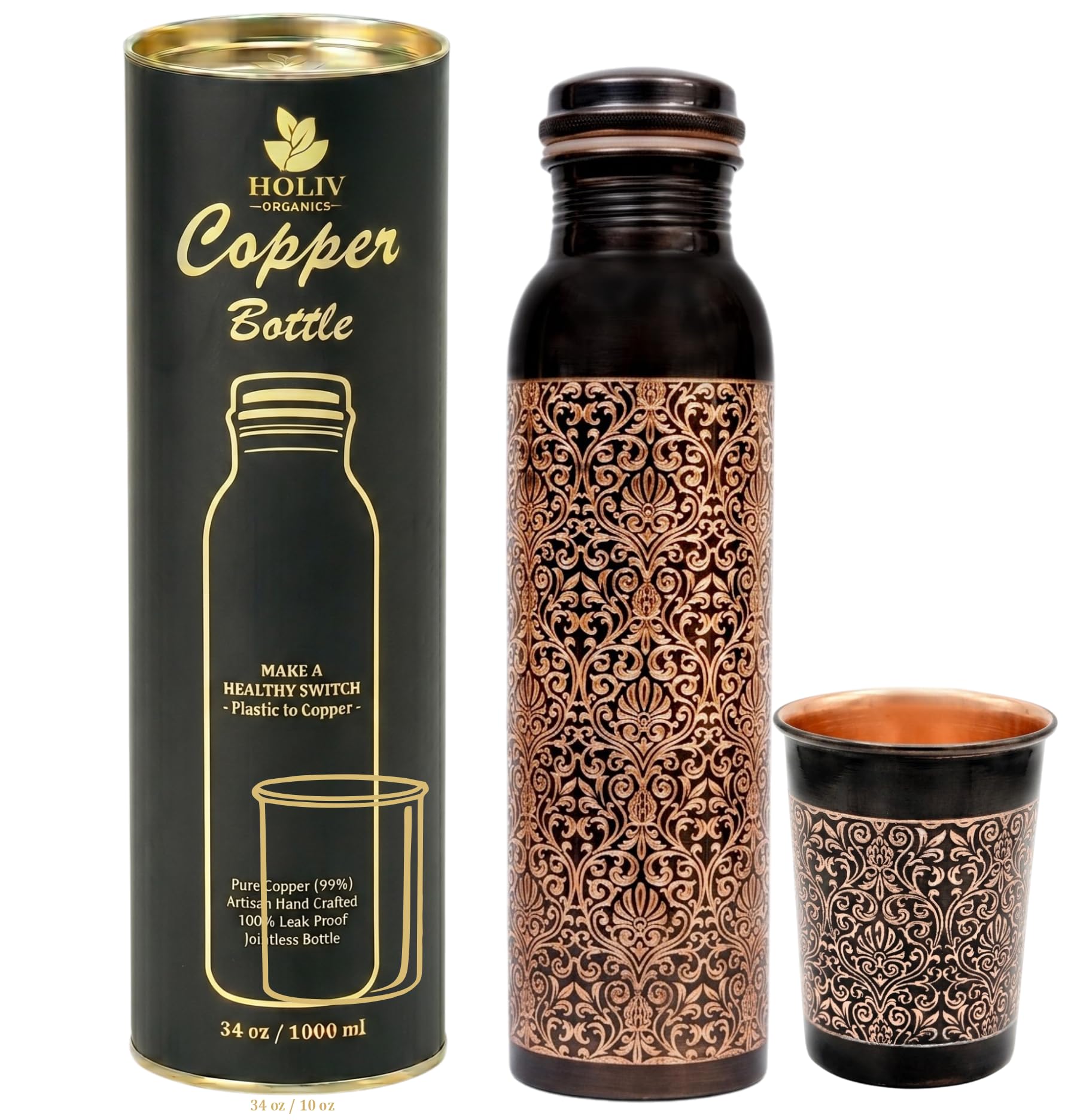 HOLIV ORGANICS 100% Pure Copper Water Bottle with Tumbler  34oz Floral Antique Engraved Vessel 10oz Tumbler Artisan Handcrafte