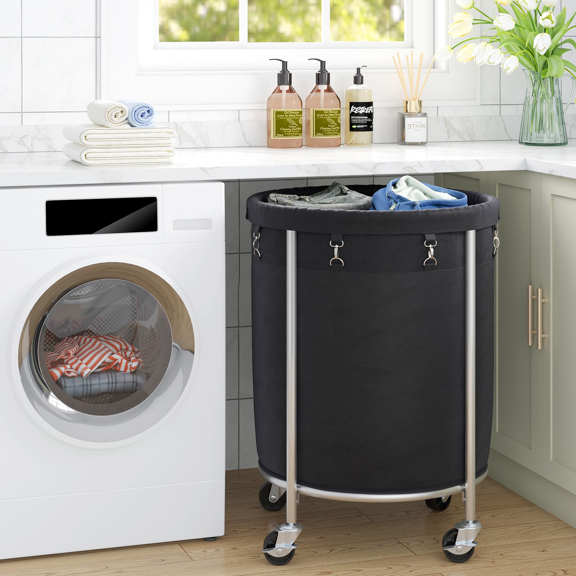Elyken Laundry Hamper On Wheels, 23.6'' Diameter 170L Large Capacity Laundry Basket With Removable Liner Bag, Easy Rolling Cloth