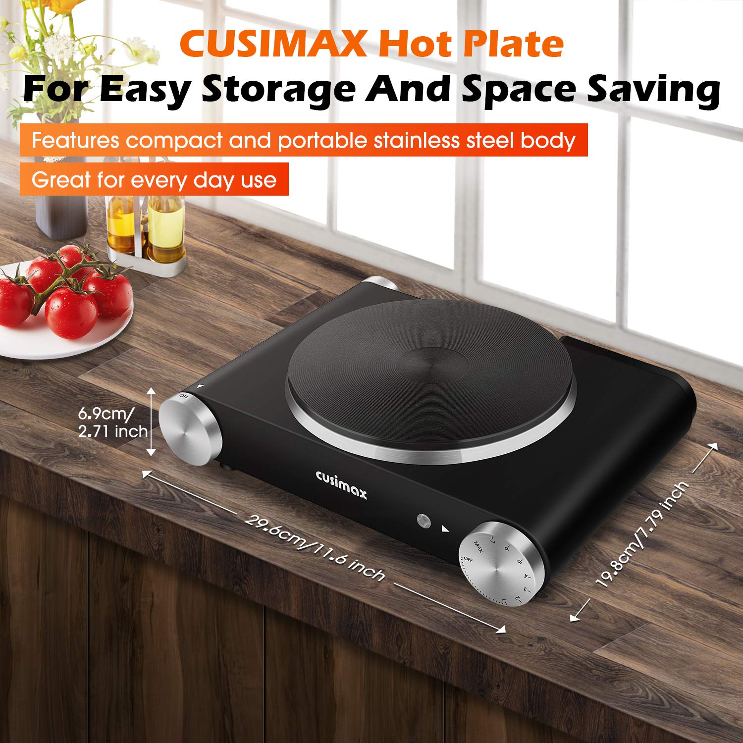 Cusimax Electric Burner Hot Plate For Cooking Cast Iron Hot Plates, Adjustable Temperature Control, Non-Slip Rubber Feet Stainle