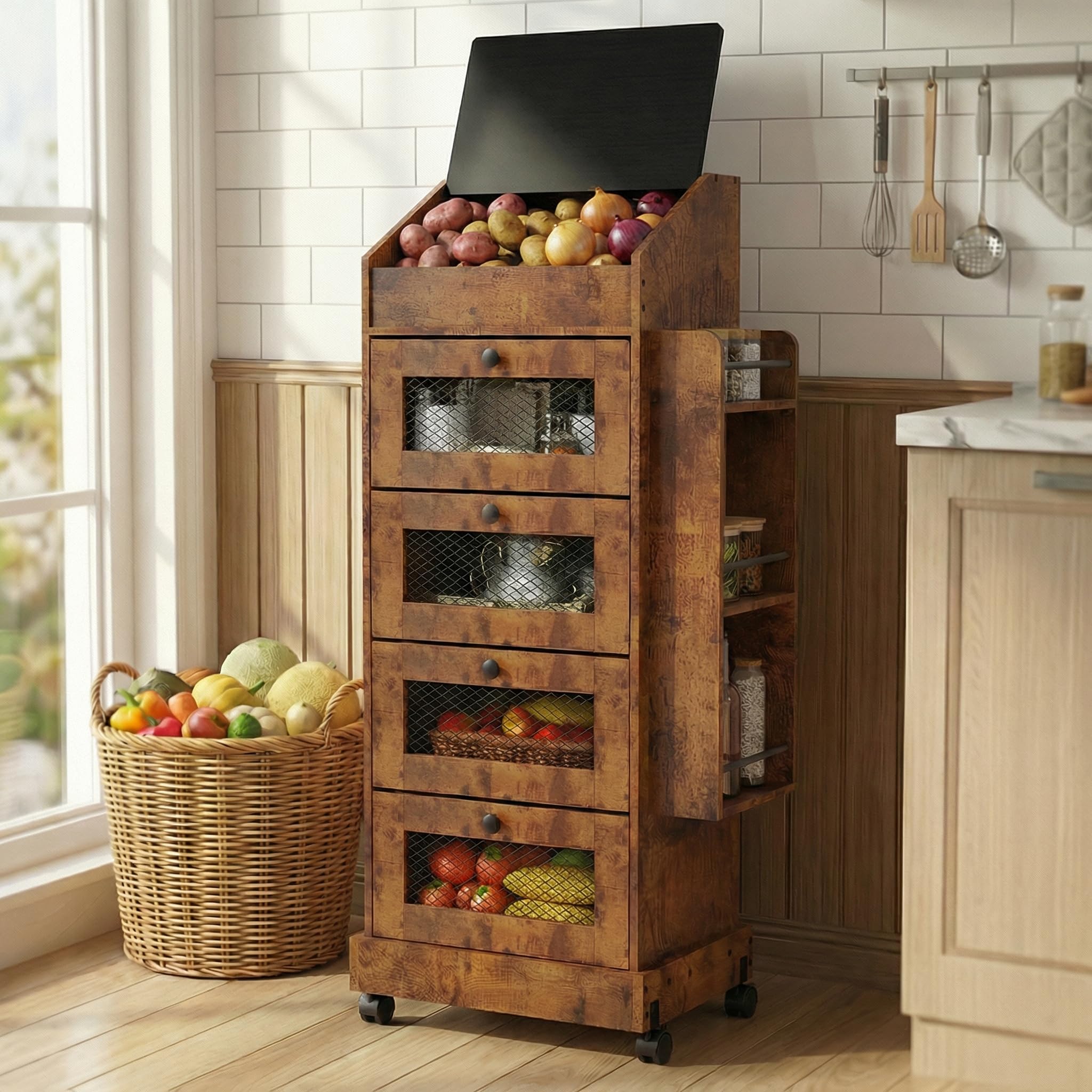 ARTETHYS Potato Storage Bin 5Tier Rolling Bread Box Cabinet with Side Rack