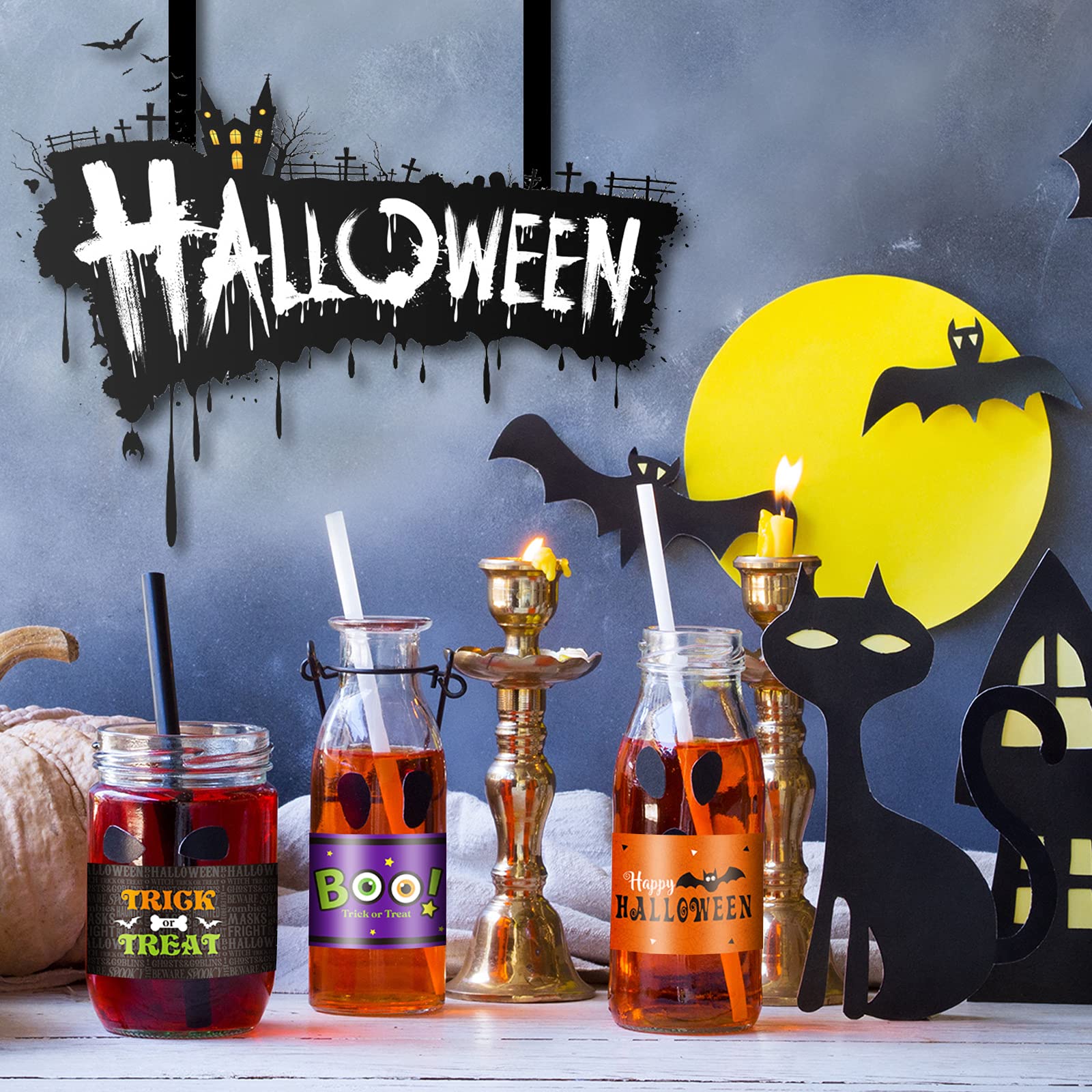 39 Pieces Halloween Water Bottle Labels Waterproof Water Bottle Sticker Wrappers Pumpkin Wrap Around Labels Trick Or Treat Bottl