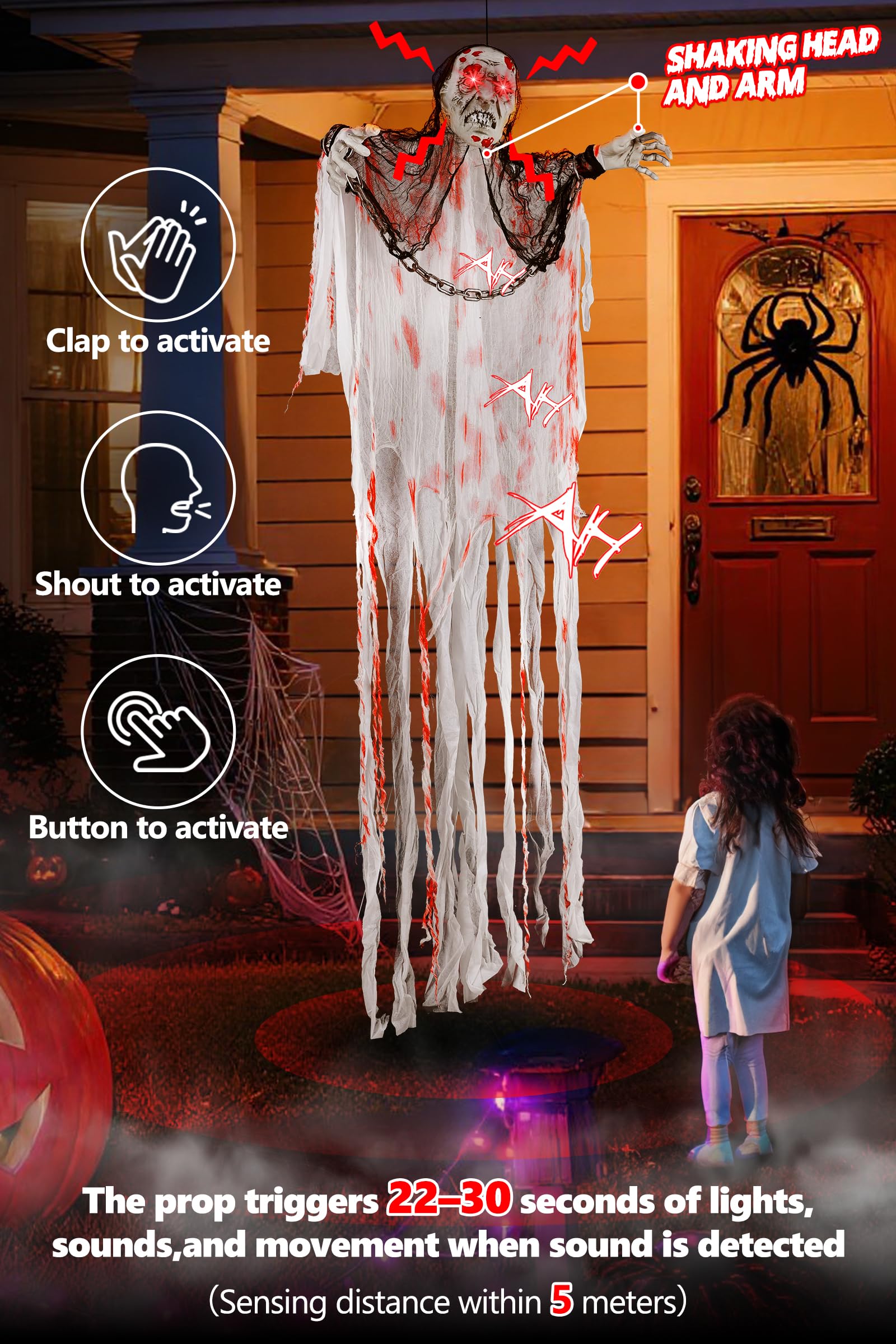 Joomer Animated Halloween Decorations, Life-Size Animatronic Hanging Ghost Scary, Faceless Grim Reaper Swing White Robe with Cre