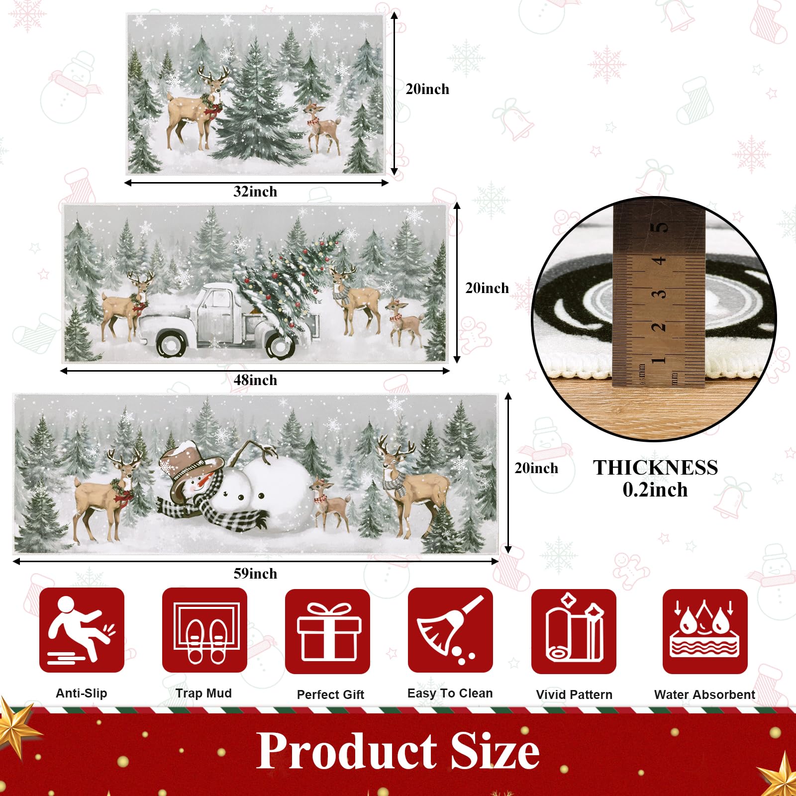 U Artlines Christmas Kitchen Rug and Mat Set of 3, Non Skid Xmas Tree Snowman Deer Kitchen Mats for Home Decor, Washable Runner