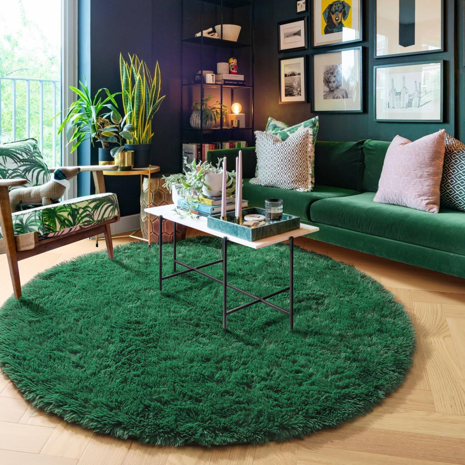 Amdrebio Dark Green Round Rug 6Ft for Living Room Bedroom, Fluffy Thick Floor Circle Area Rugs for Kids Room Decor, Furry Shag R
