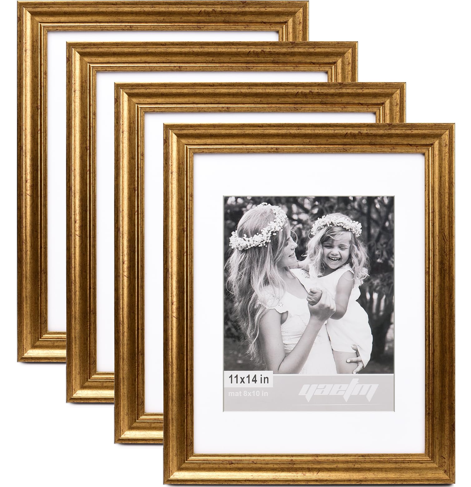 Yaetm 11x14 Gold Picture Frame with Mat for 8x10 Set of 4, 1.4 Wide Molding & Rustic Golden Picture Frames 11 x 14 with HD Tempe
