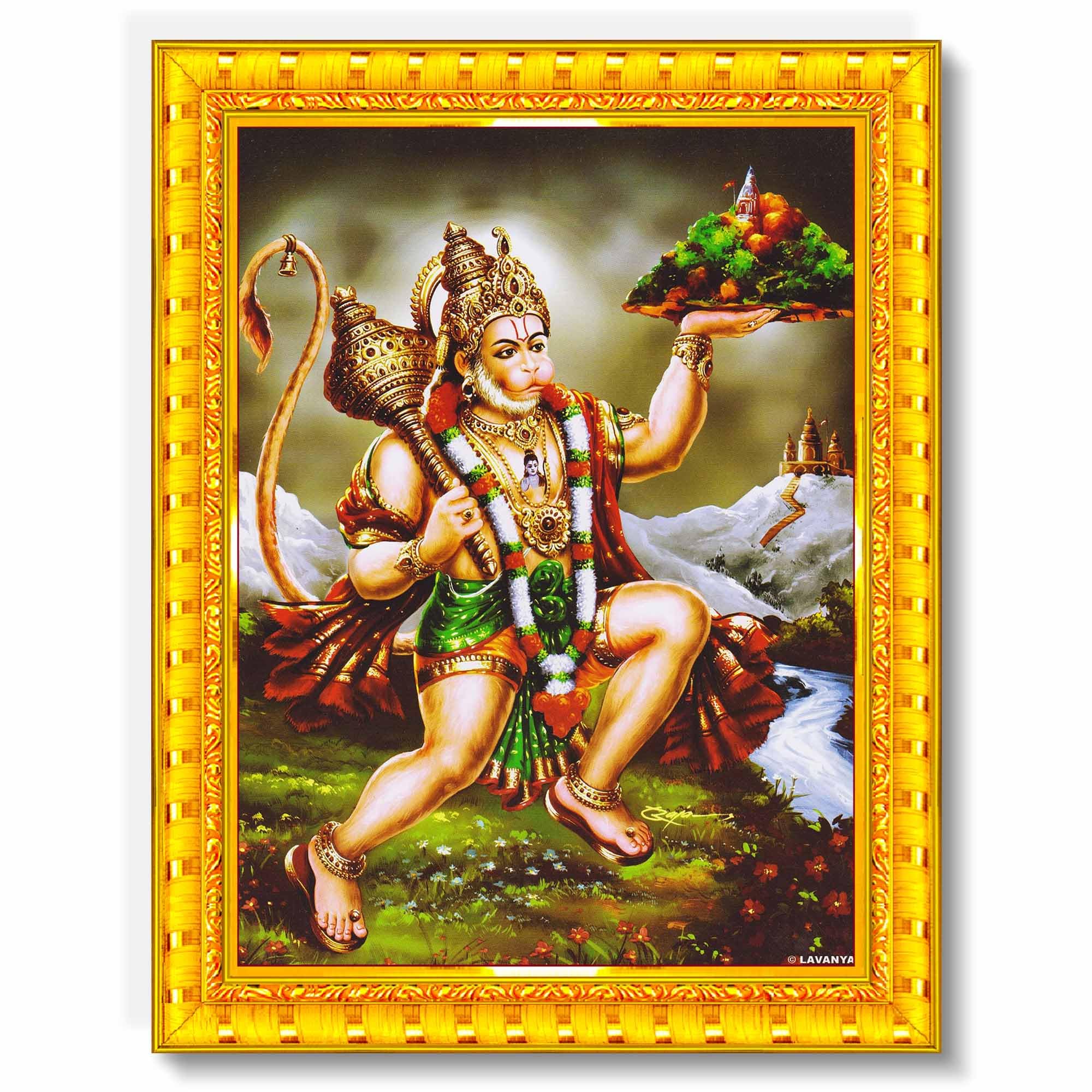 Pavan Photo Laminations Lord Hanuman Ji Hanumanji Jai Bajrangbali Wall Painting Framed Home Decor (Wood,Matte,Gold,Small Size,6 