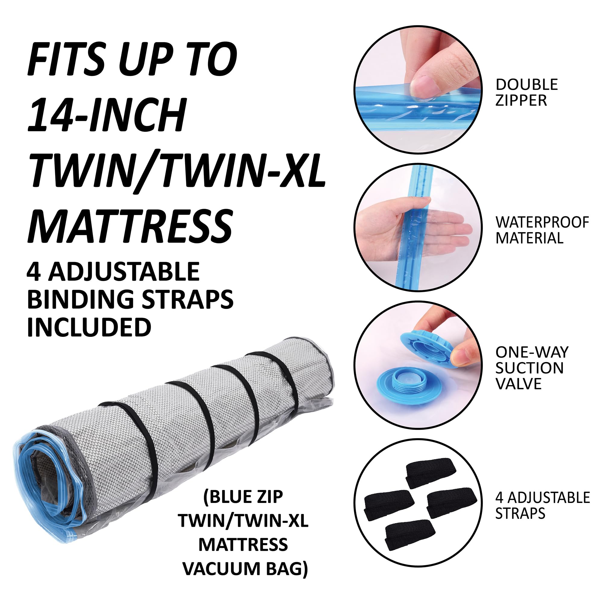 Twin/Twin-Xl Foam Mattress Vacuum Bag With Blue Zipper, Vacuum Seal Mattress Bag, Straps Included
