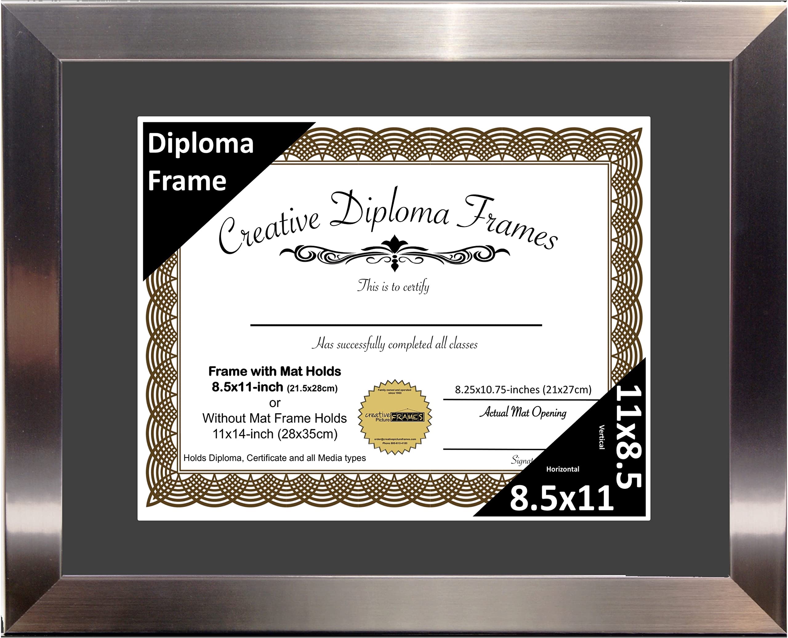 Creative Picture Frames 11    x 14    Stainless Steel Finish Diploma Frame with Black Mat to Hold 8.5 by 11-inch Graduation Docu