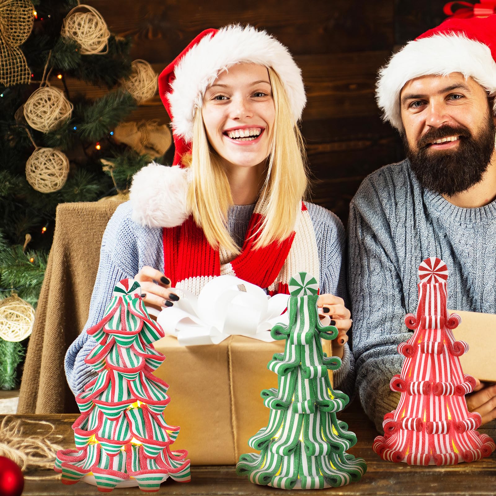 Suzile 3 Pcs Christmas Ribbon Candy Tree Tabletop Decor 7 Inches Mini Light up Resin Clay Peppermint Tree for xmas Home Table Ma