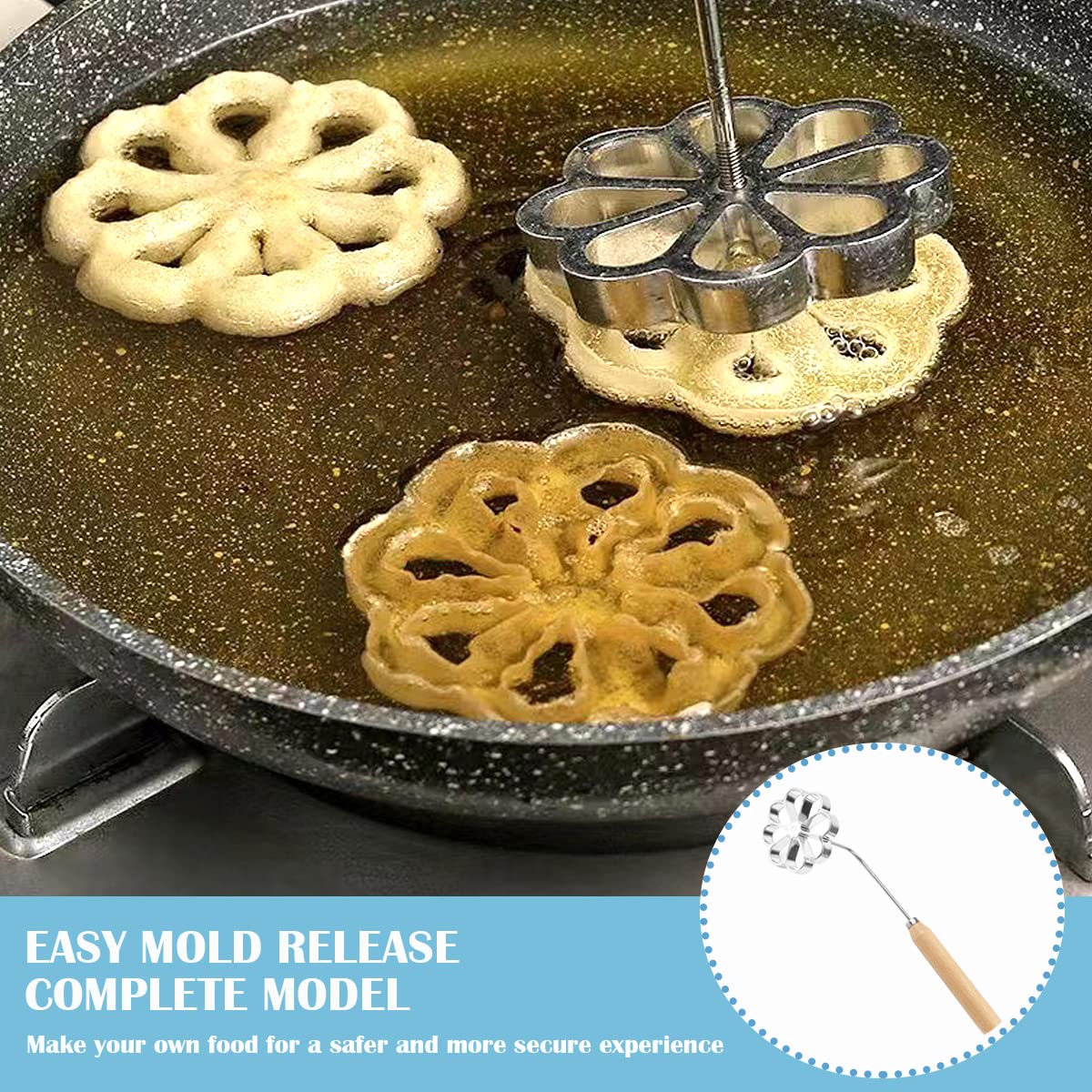 Doerdo 1Pcs Wooden Handle Frying Mold Rosette Waffle Molds Homemade Frying Mold Kitchen Gadgets, Silver