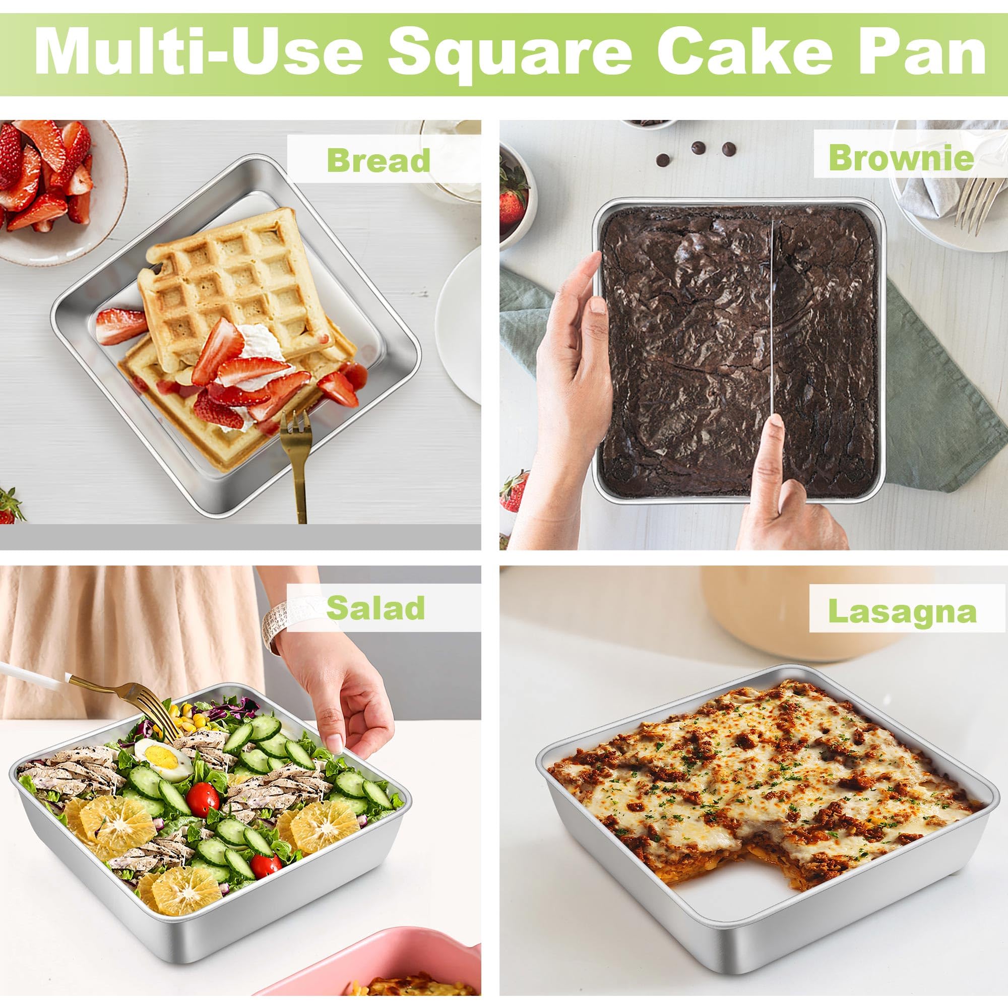 Teamfar Square Cake Pan, Stainless Steel 6 & 8 Inch Square Baking Pan For Brownie Lasagna, Non-Toxic & Heavy Duty, One Piece Des