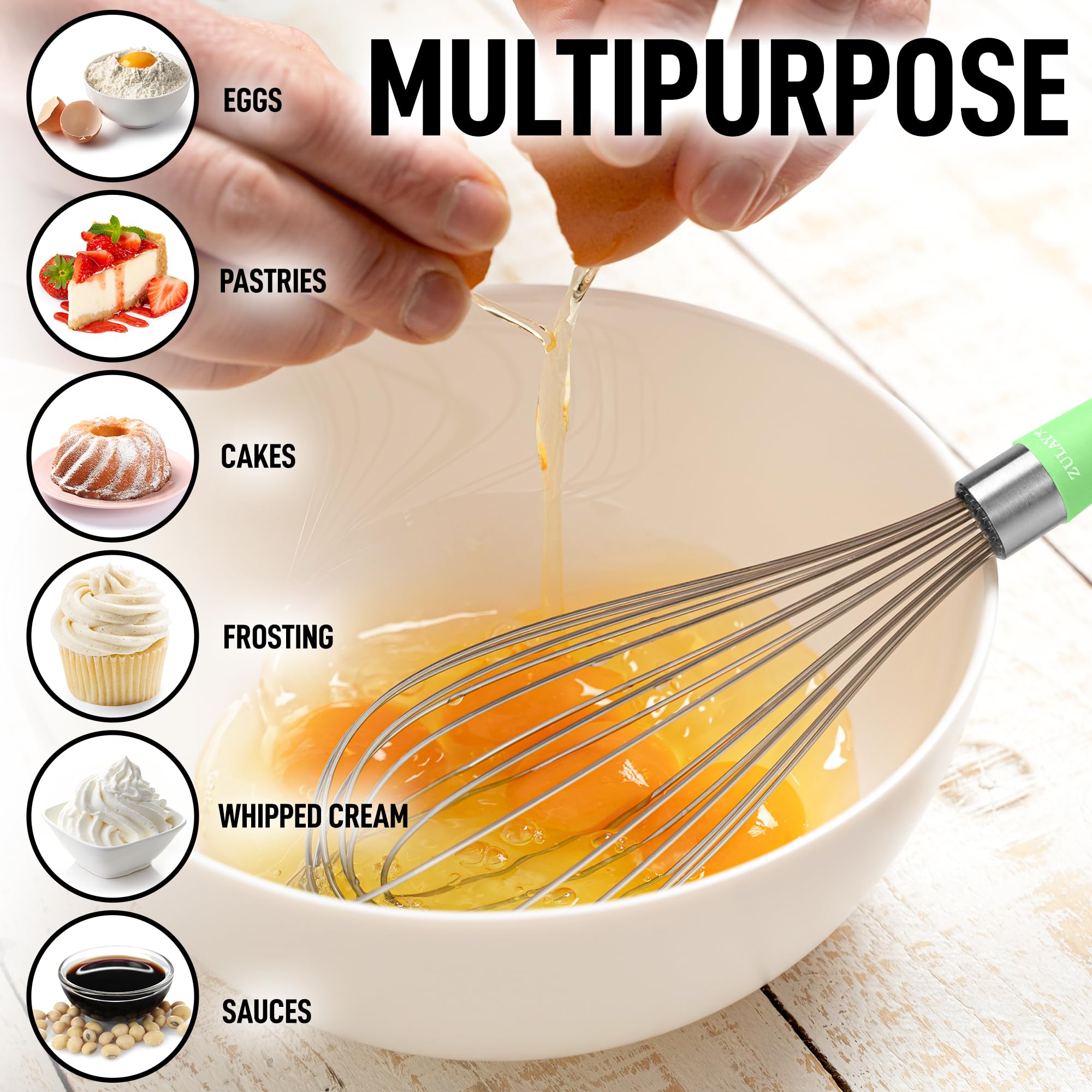 Zulay 12-Inch Stainless Steel Whisk - Balloon Whisk Kitchen Tool With Soft Silicone Handle - Thick Durable Wired Whisk Utensil F