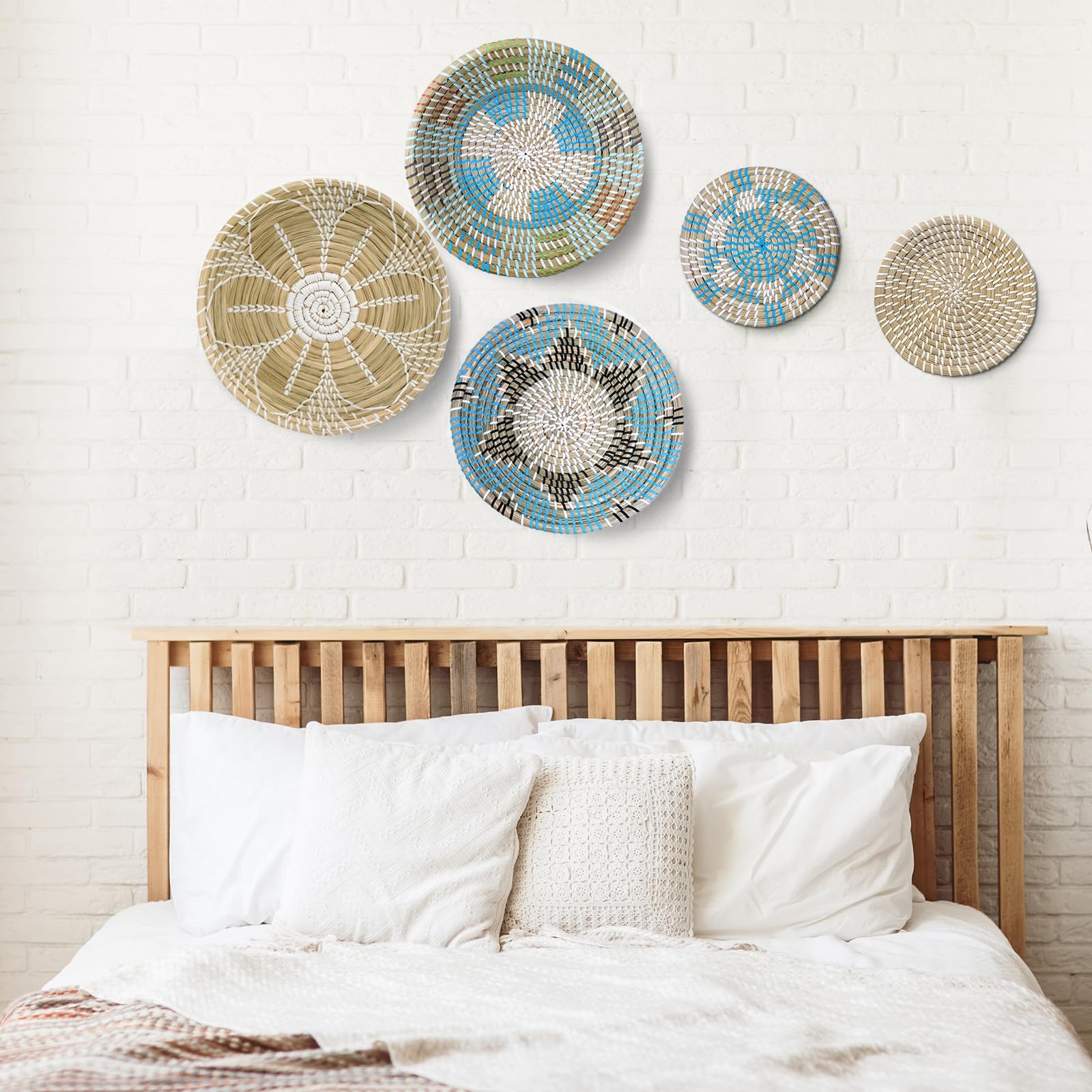 Coyacool Hanging Woven Wall Basket Decor - Wicker Wall Baskets Decor Boho Flat Set Of 5 - Boho Wall Decor Art - African Baskets