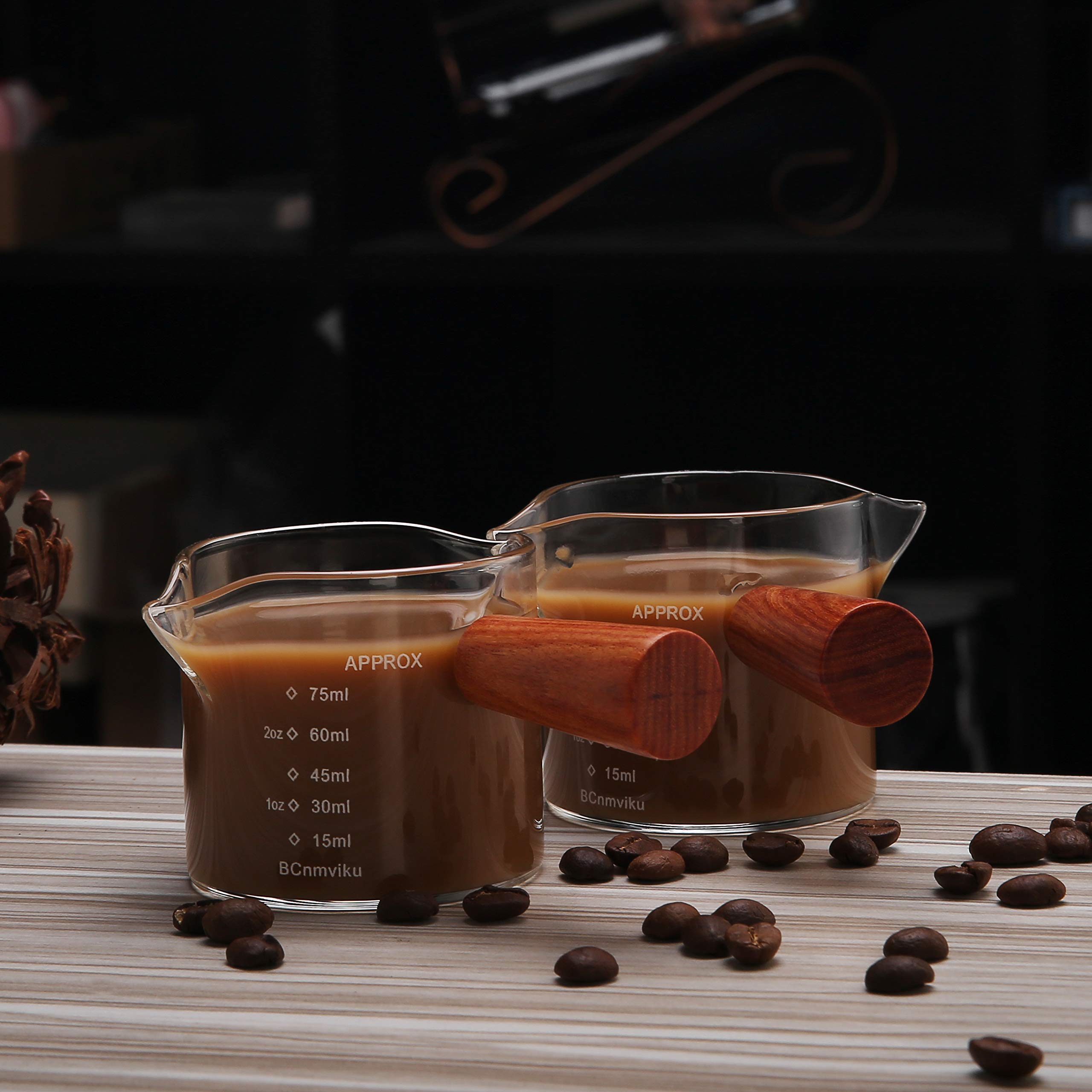 2 Pcs Double Spouts Measuring Triple Pitcher Milk Cup With Wood Handle 75Ml Espresso Shot Glasses Parts Clear Glass By Bcnmviku