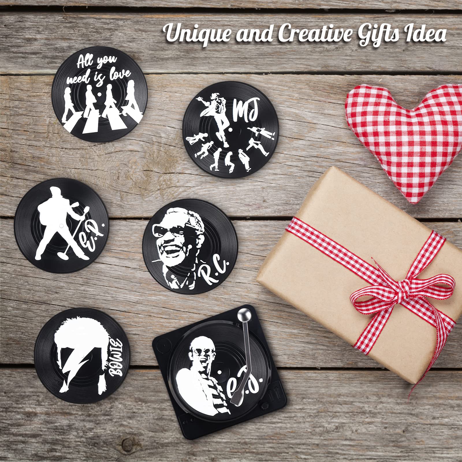 Valdivia Retro Vinyl Record Coasters With Player, 6 Pcs Music Coasters For Drinks, Bars, Cool Home Decor And Funny Housewarming