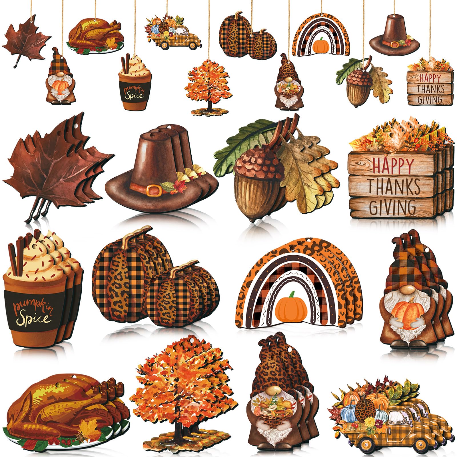 Soaoo 36 Pcs Thanksgiving Ornaments for Small Tree Thanksgiving Tree Decorations Turkey Pumpkin Fall Maple Leaves Truck Cutouts 