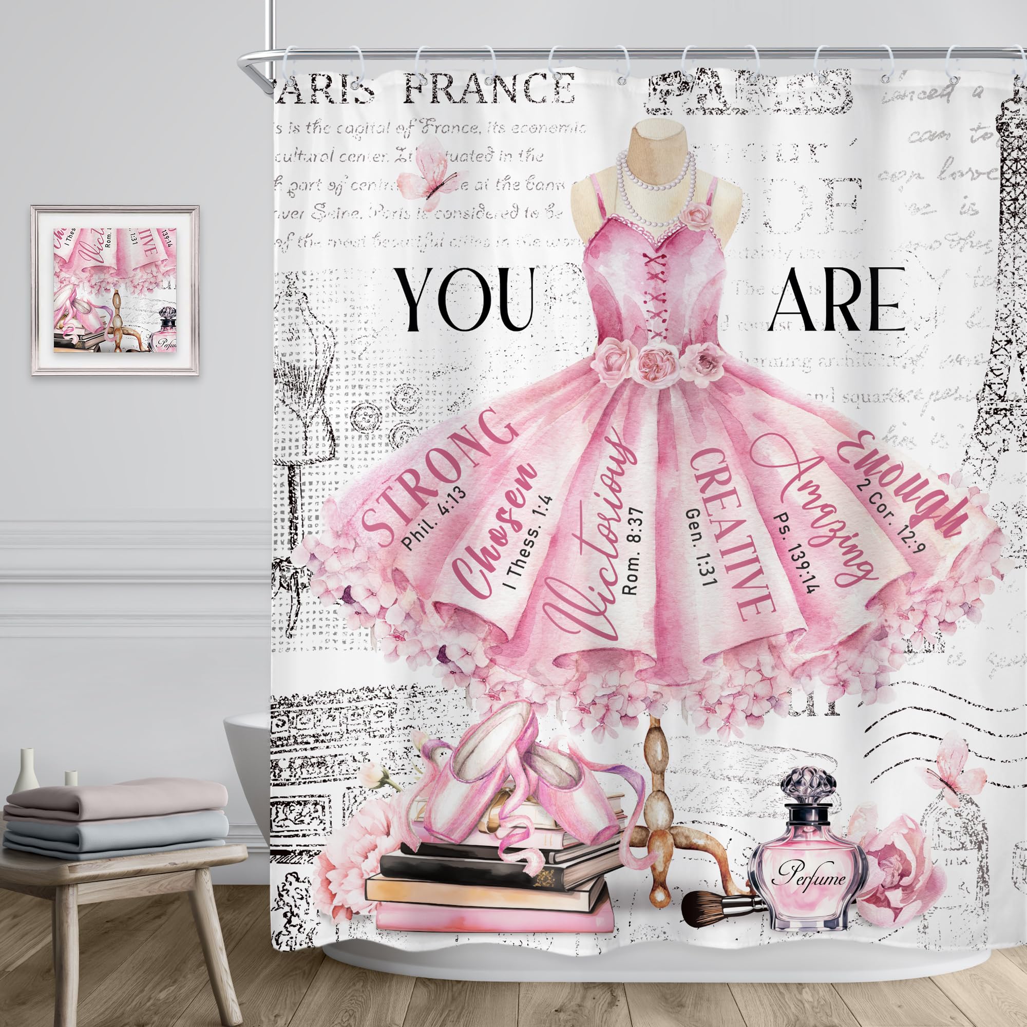 Riyidecor Ballet Dress Pink Shower Curtain 60Wx72H Inch Fashion Girly Paris Modern Girl Ballerina Motivational Quotes Flower Per