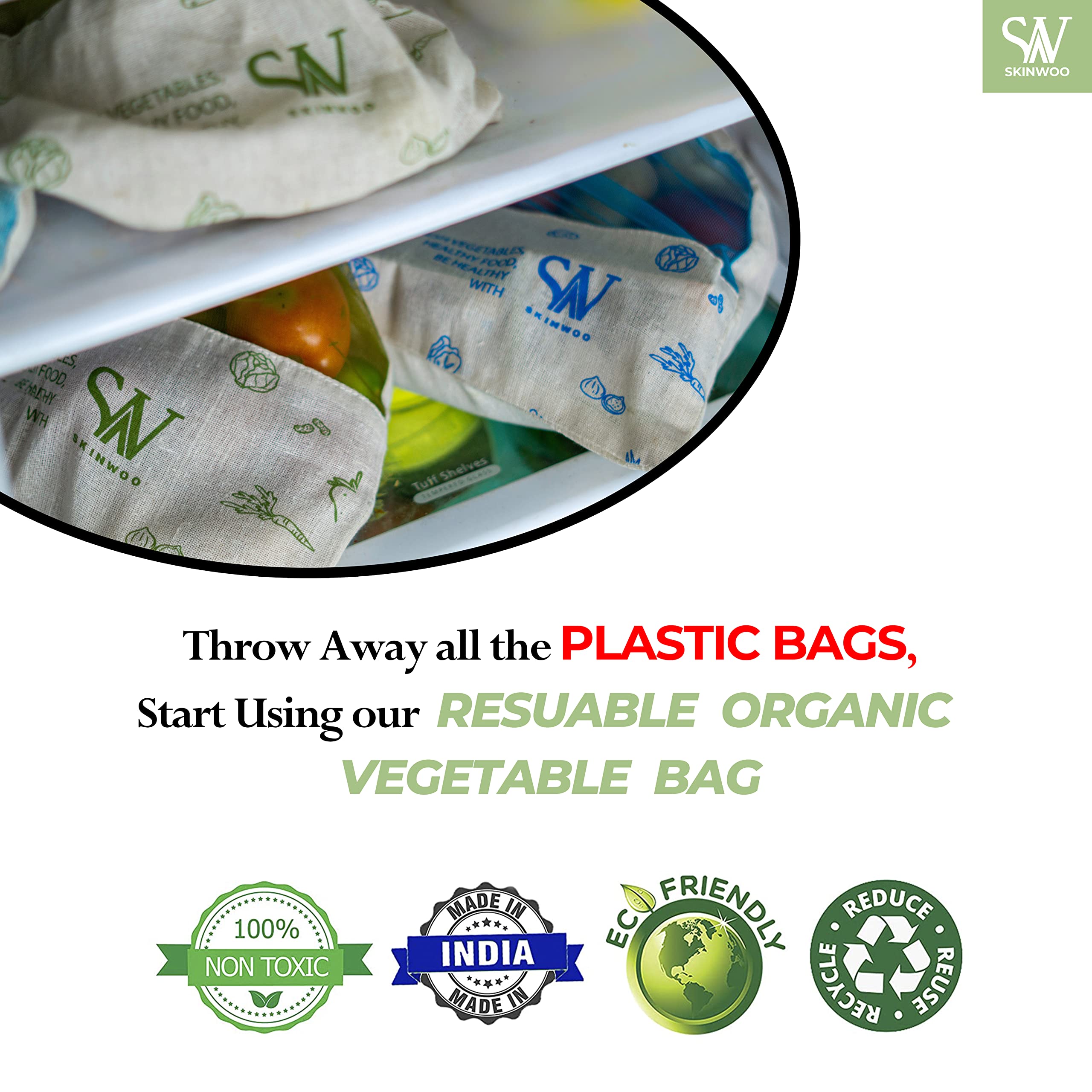 Skinwoo Set Of 6 Organic Cotton Reusable Vegetable Bag For Fridge, Eco Friendly Storage Bags, 11 X 13 Inch For Fruits, Vegetable