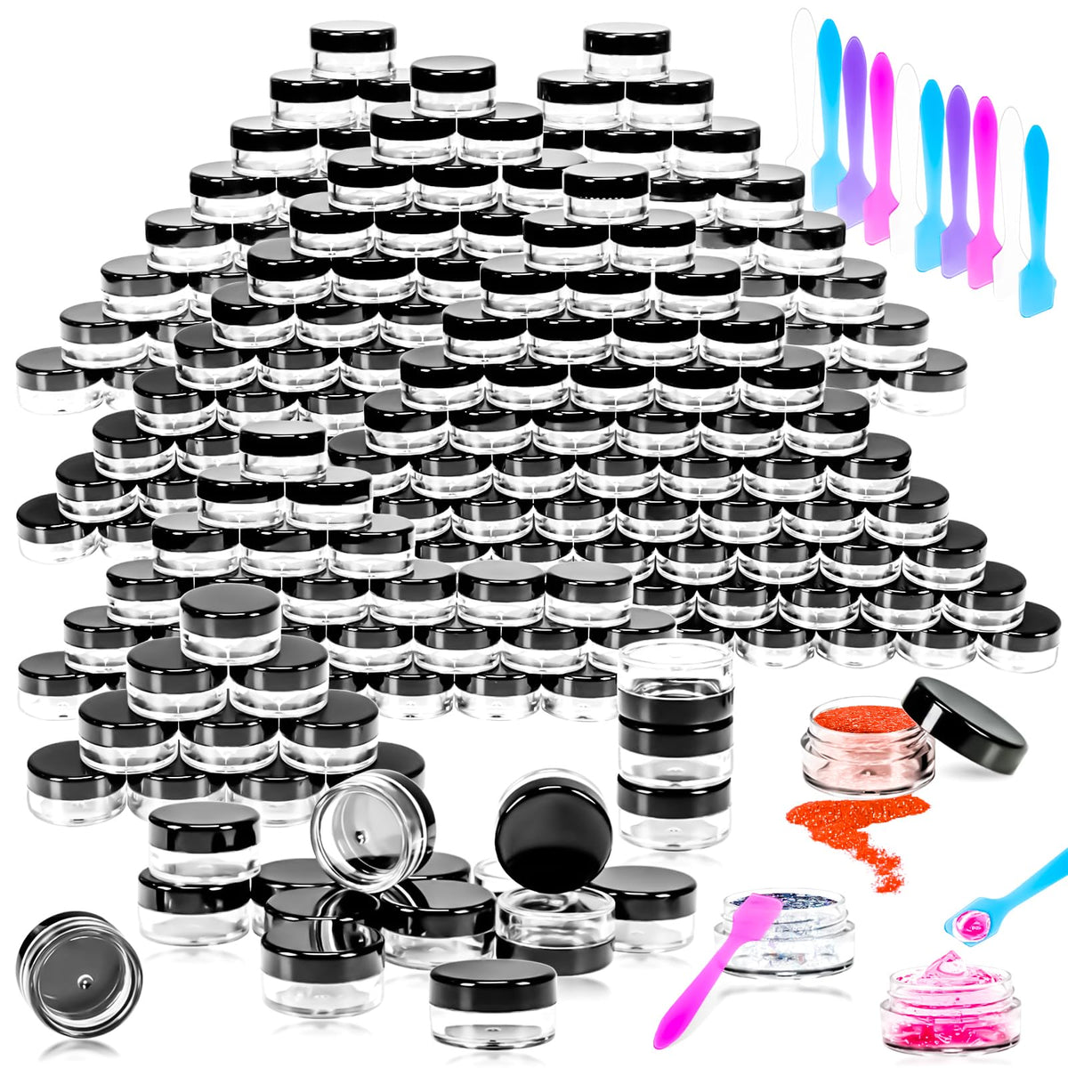 Motbach 100 Pcs 5G Empty Plastic Containers With Black Lids,Mini Makeup Sample Containers, Small Sample Pot Jars Round Cosmetic