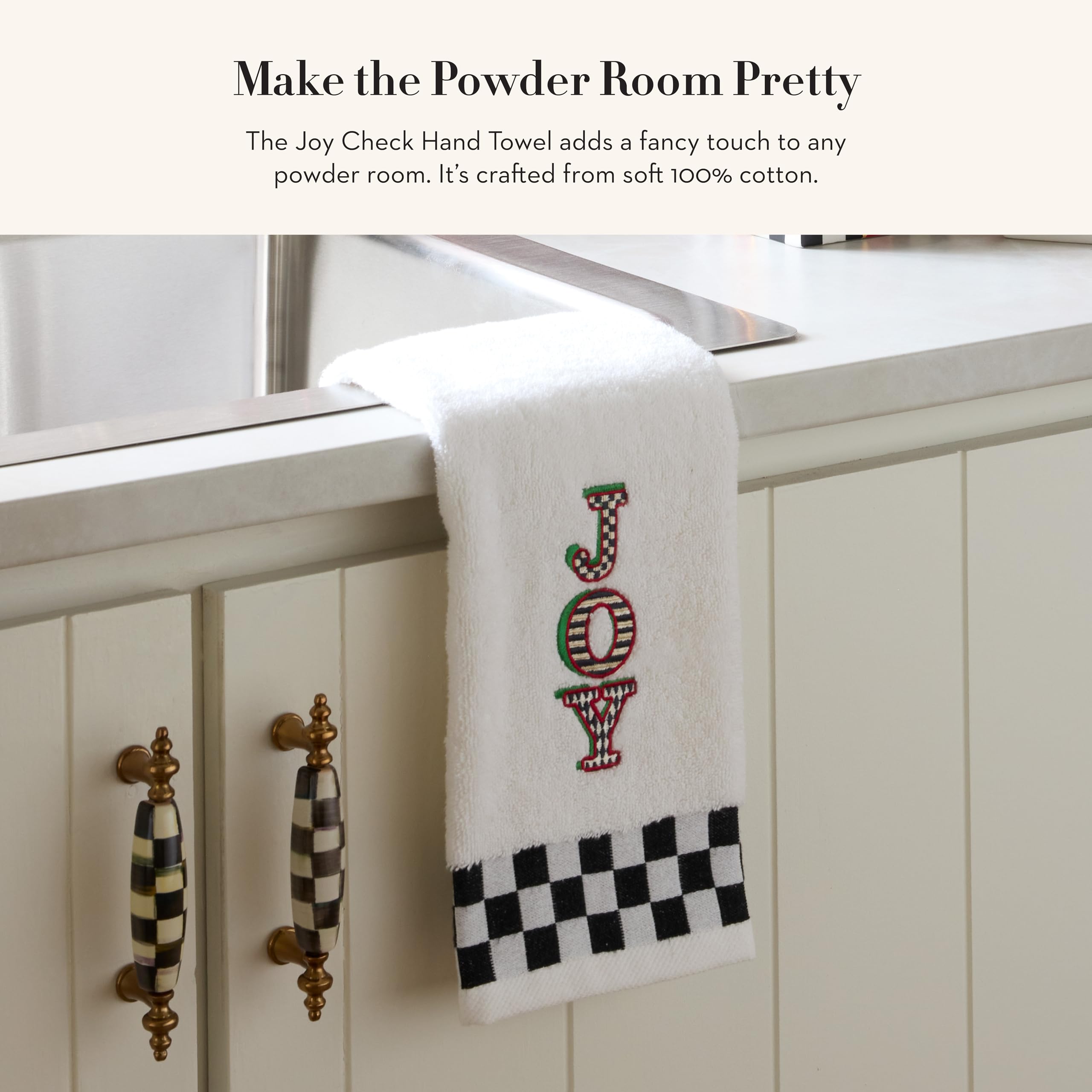 Mackenzie-Childs Cotton Hand Towel, Cute Decorative Hand Towel For Bathroom Or Kitchen, Joy Check